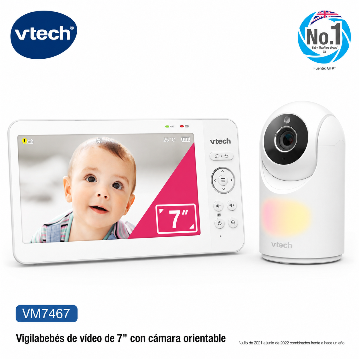 Vigilabebés de vídeo VTech de 7 pulgadas con unidad parental blanca y cámara orientable a juego.