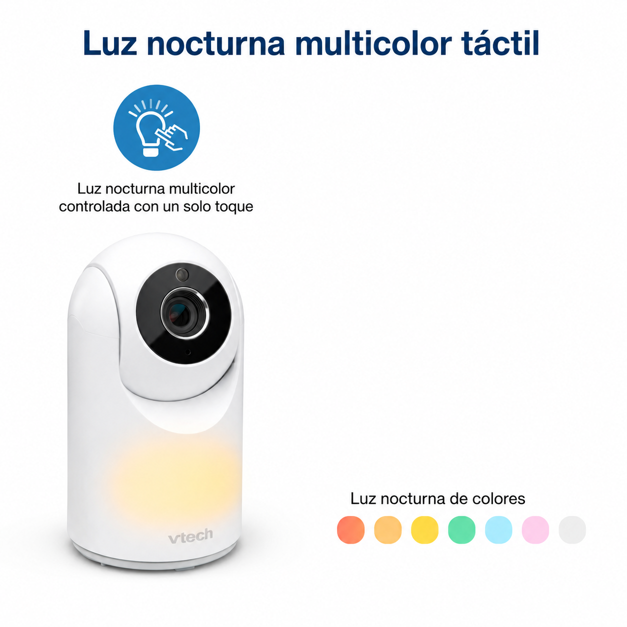 Cámara de seguridad VTech blanca con luz nocturna táctil y opciones de color.