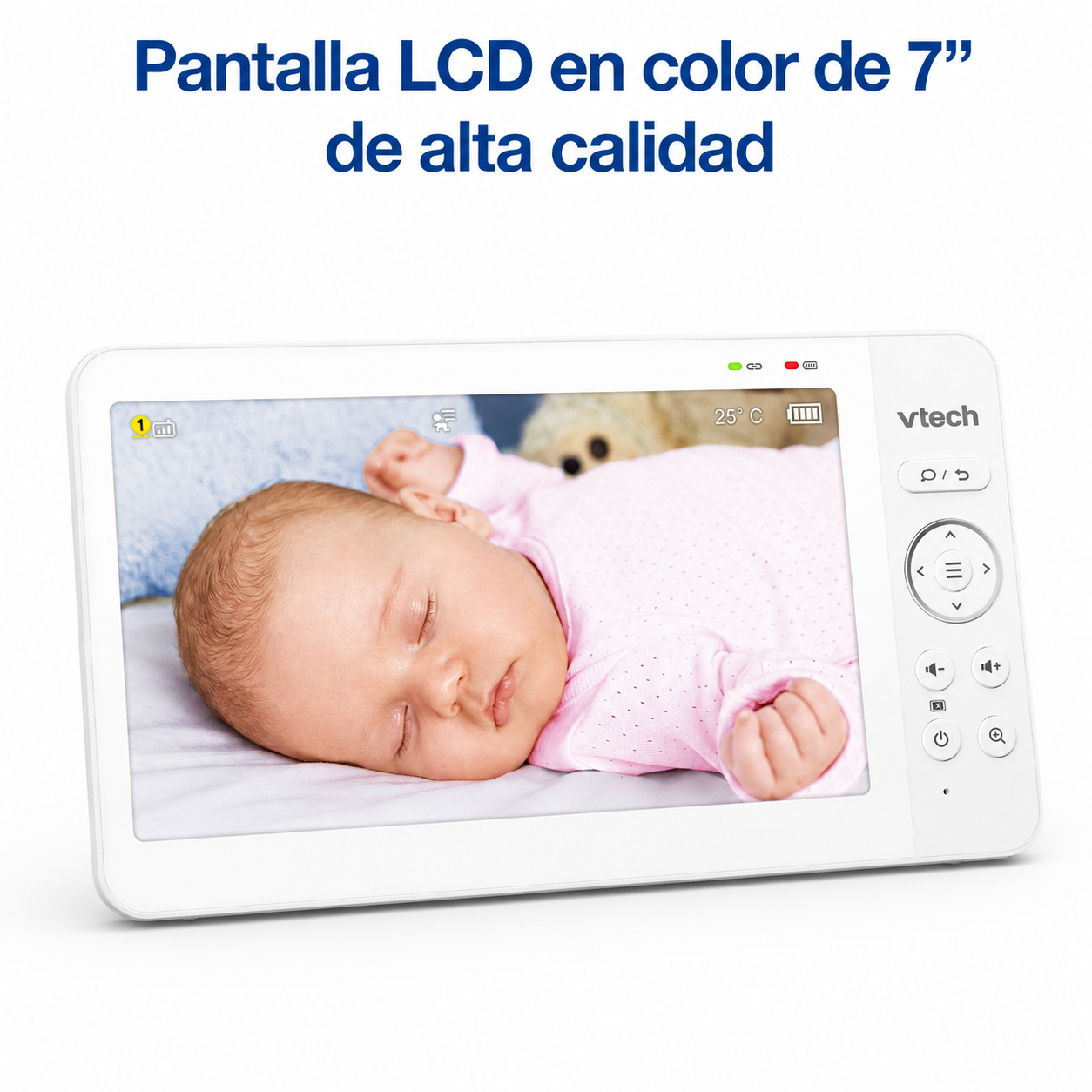 Un vigilabebés VTech con pantalla muestra a un bebé durmiendo con ropa rosa.
