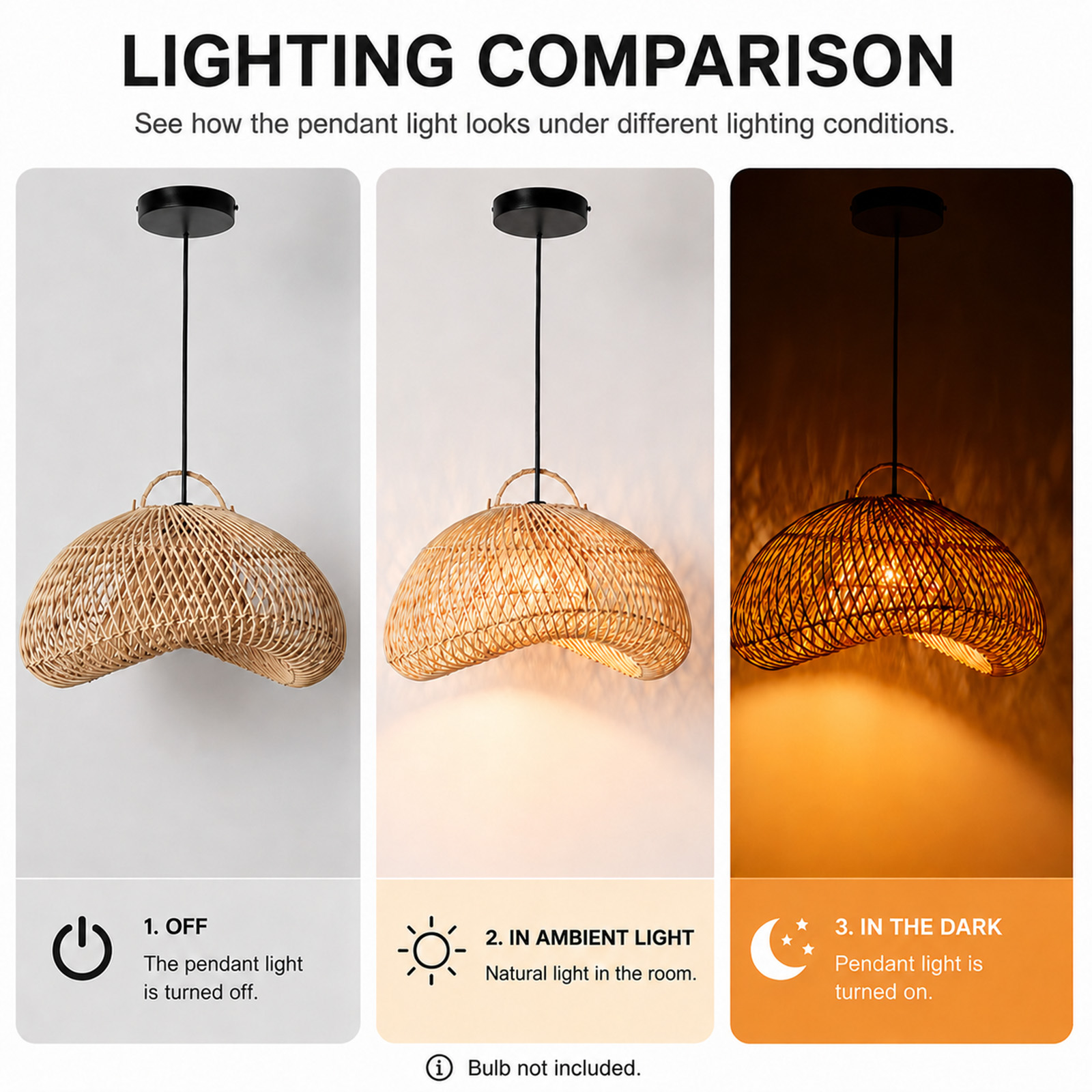 Comparación de iluminación de una lámpara colgante apagada, con luz ambiental y en la oscuridad.