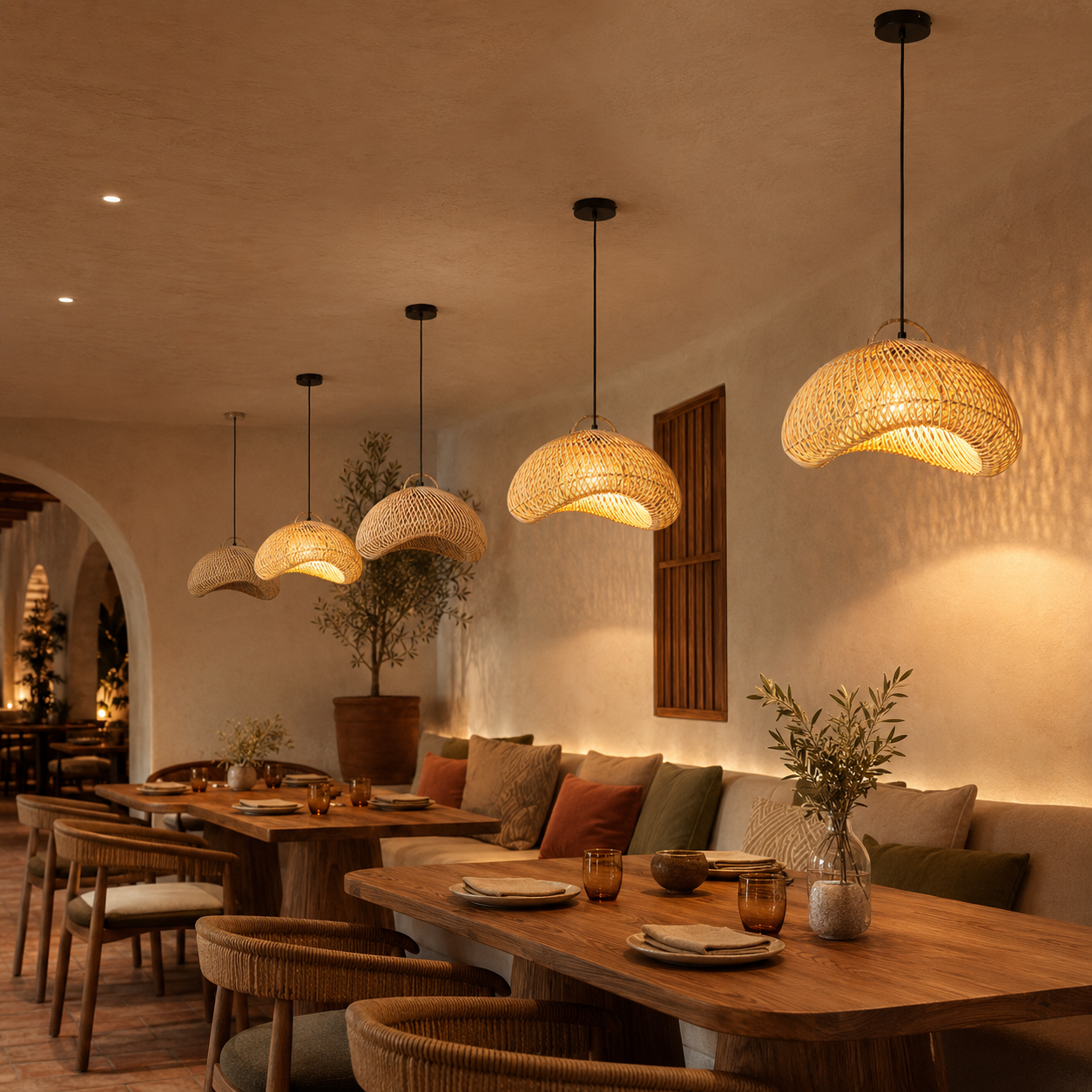 Acogedor restaurante con mesas de madera, bancos acolchados y lámparas de mimbre.