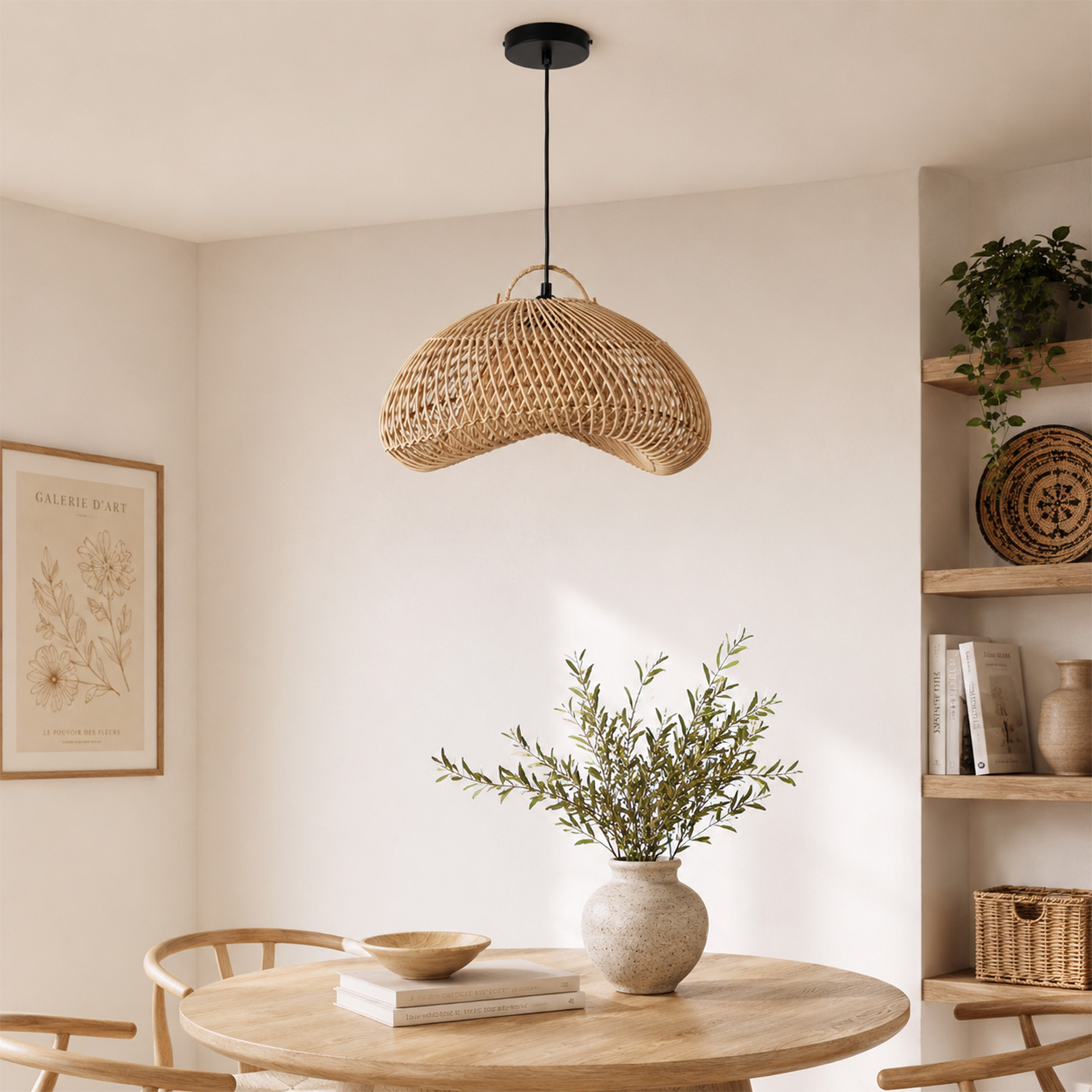 Una lámpara de ratán cuelga sobre una mesa de comedor de madera con un florero y libros.