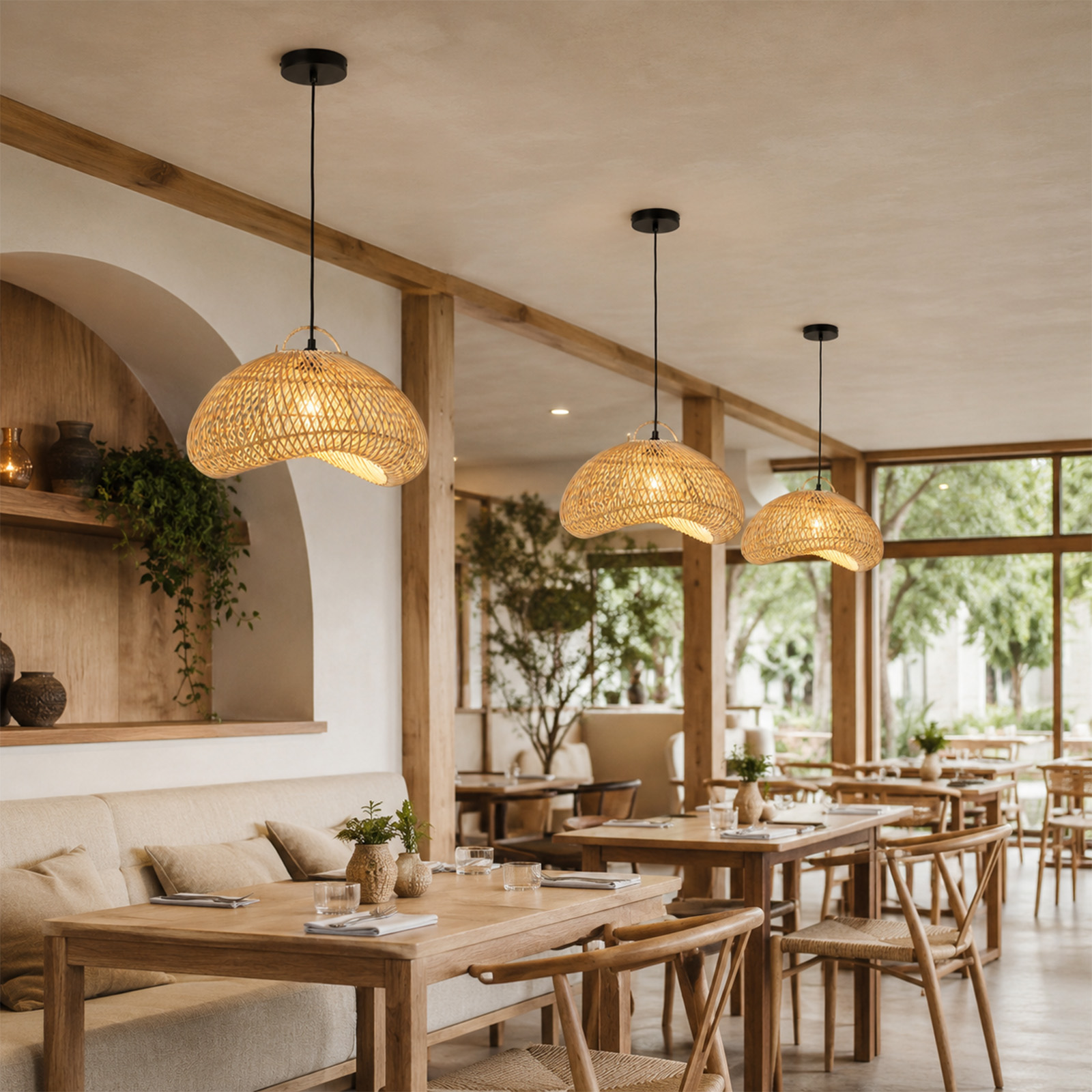 Tres lámparas colgantes de mimbre sobre mesas de madera en un restaurante luminoso con plantas y elementos de madera.