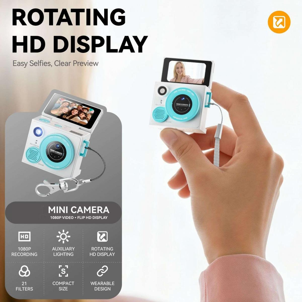 Hand hält eine kompakte weiße Mini-Kamera mit rotierendem HD-Bildschirm und blauen Akzenten, Text und Features im Hintergrund.