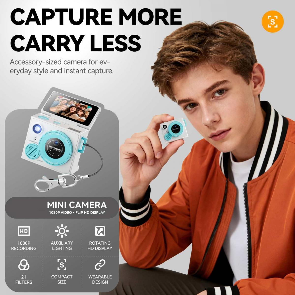 Ein junger Mann hält eine kleine weiß-blaue Mini-Kamera, mit Text- und Produktmerkmalen im Bild.