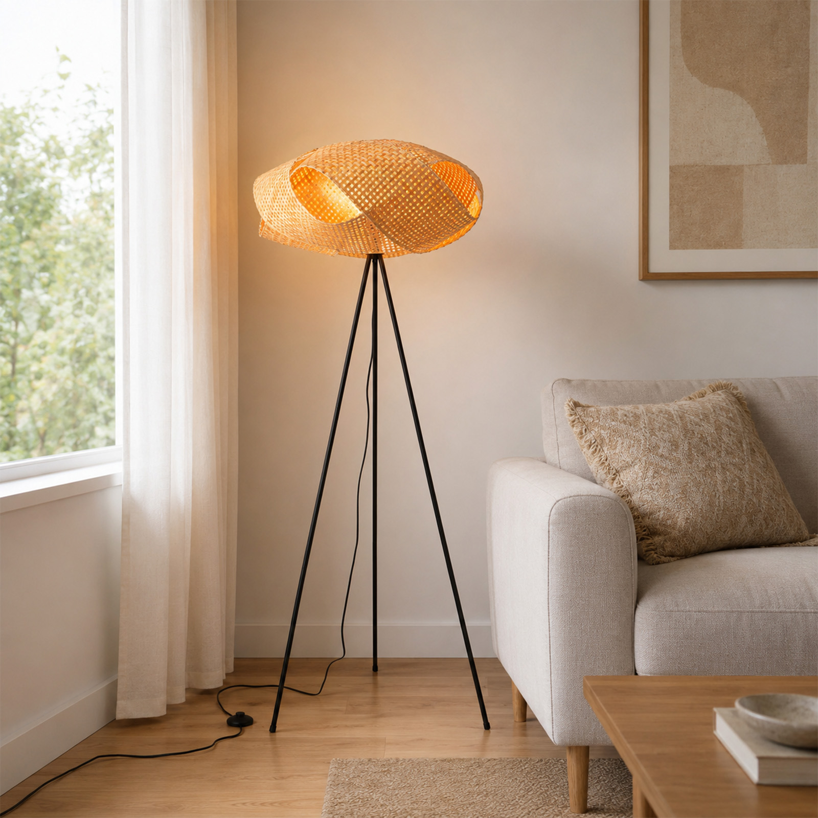 Una lámpara de pie trenzada con trípode negro se encuentra junto a un sofá en una sala luminosa.
