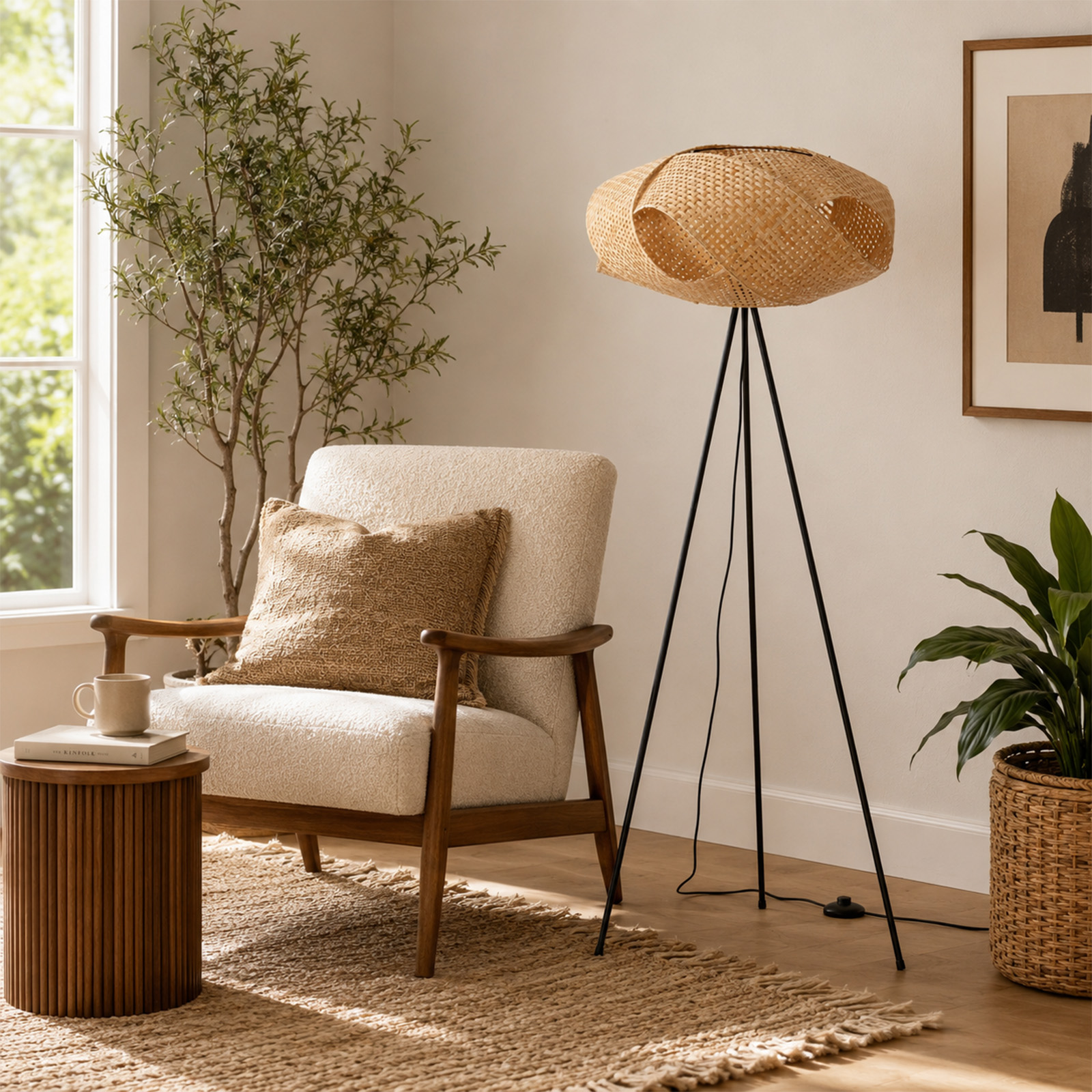 Sillón acogedor, mesa auxiliar de madera con taza, lámpara de trípode tejida, planta y cuadro.