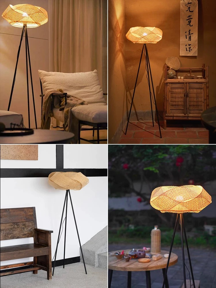 Una lámpara de pie de ratán con soporte de trípode negro en varios espacios habitables y un jardín.