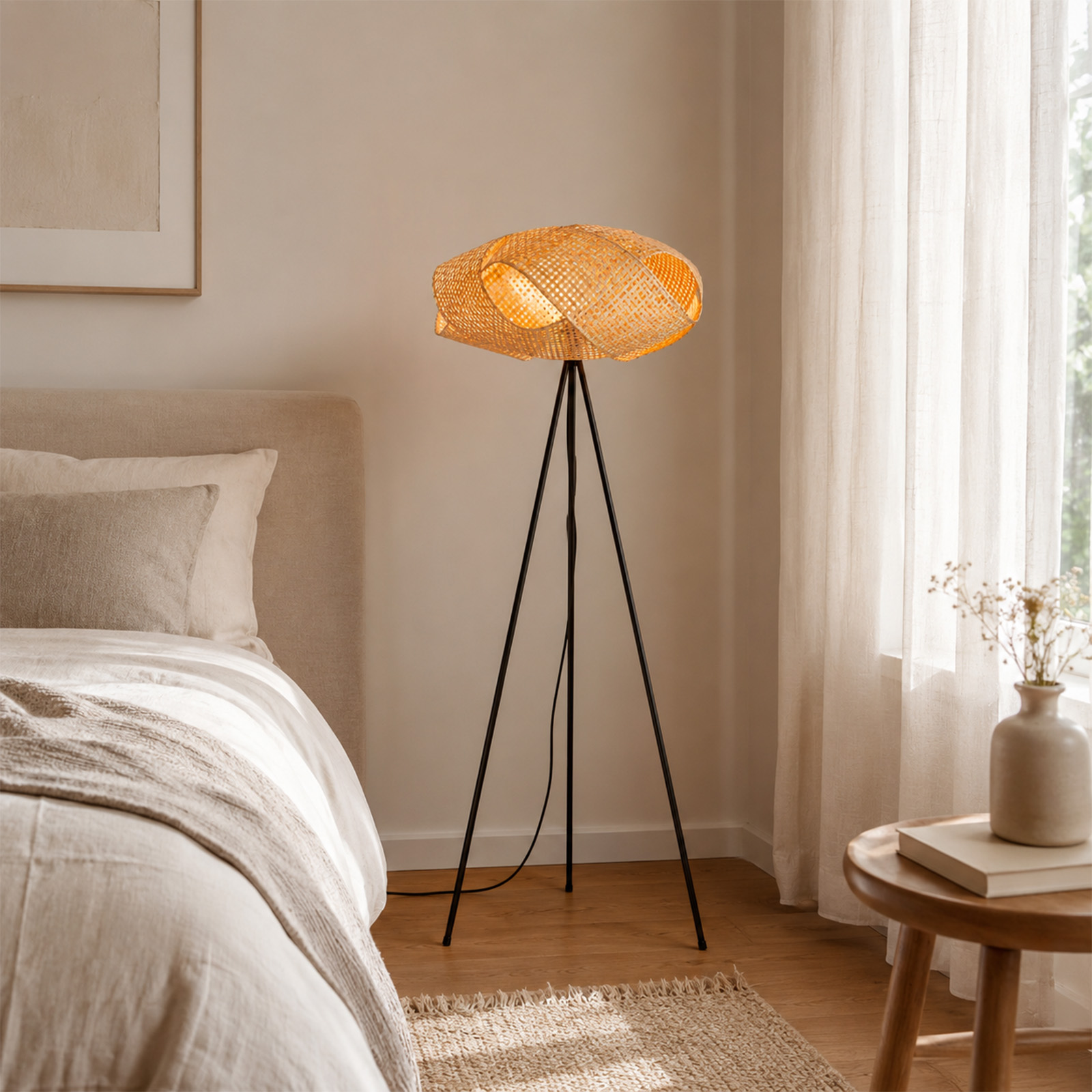 Una lámpara de pie tejida con tres patas en un dormitorio luminoso y acogedor con cama y mesita.