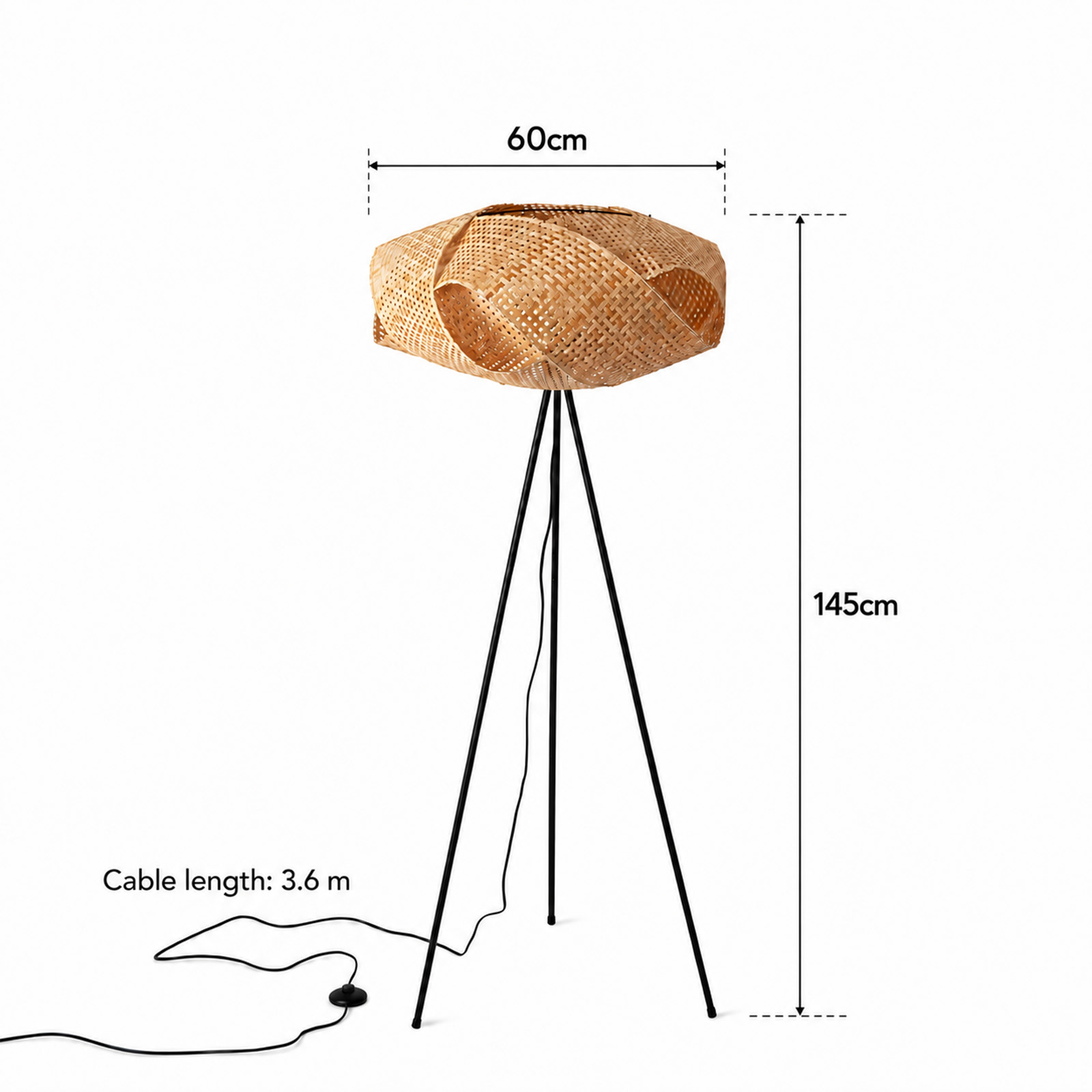 Lámpara de pie de bambú tejido con patas trípode negras, altura 145 cm, ancho 60 cm y cable de 3.6 m.