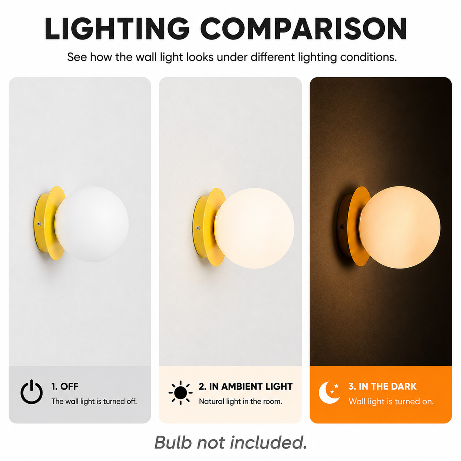 Comparación de una lámpara de pared amarilla apagada, con luz ambiental y encendida en la oscuridad.