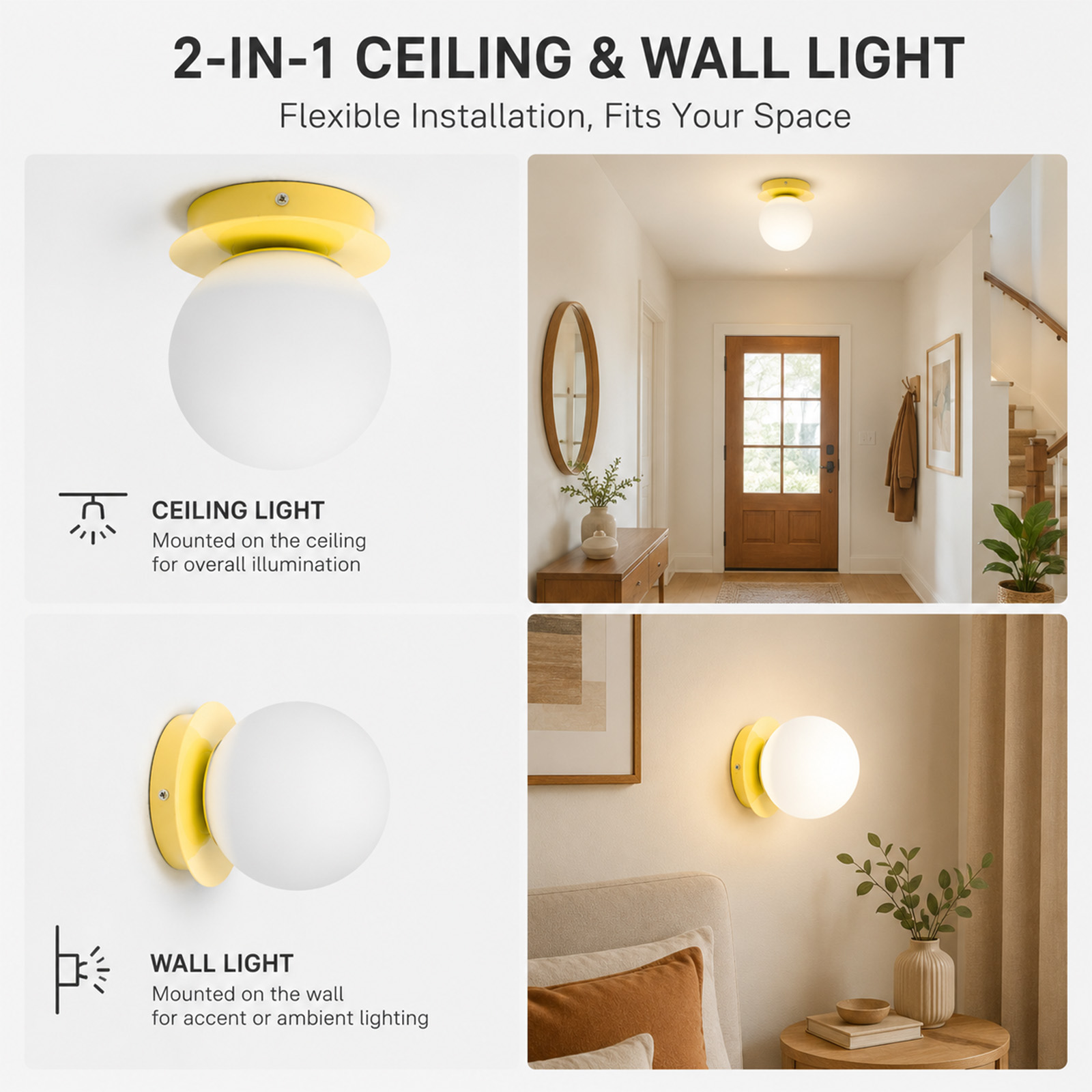 Lámpara 2 en 1 de techo y pared con globo blanco y soporte amarillo, instalada en pasillo y dormitorio.