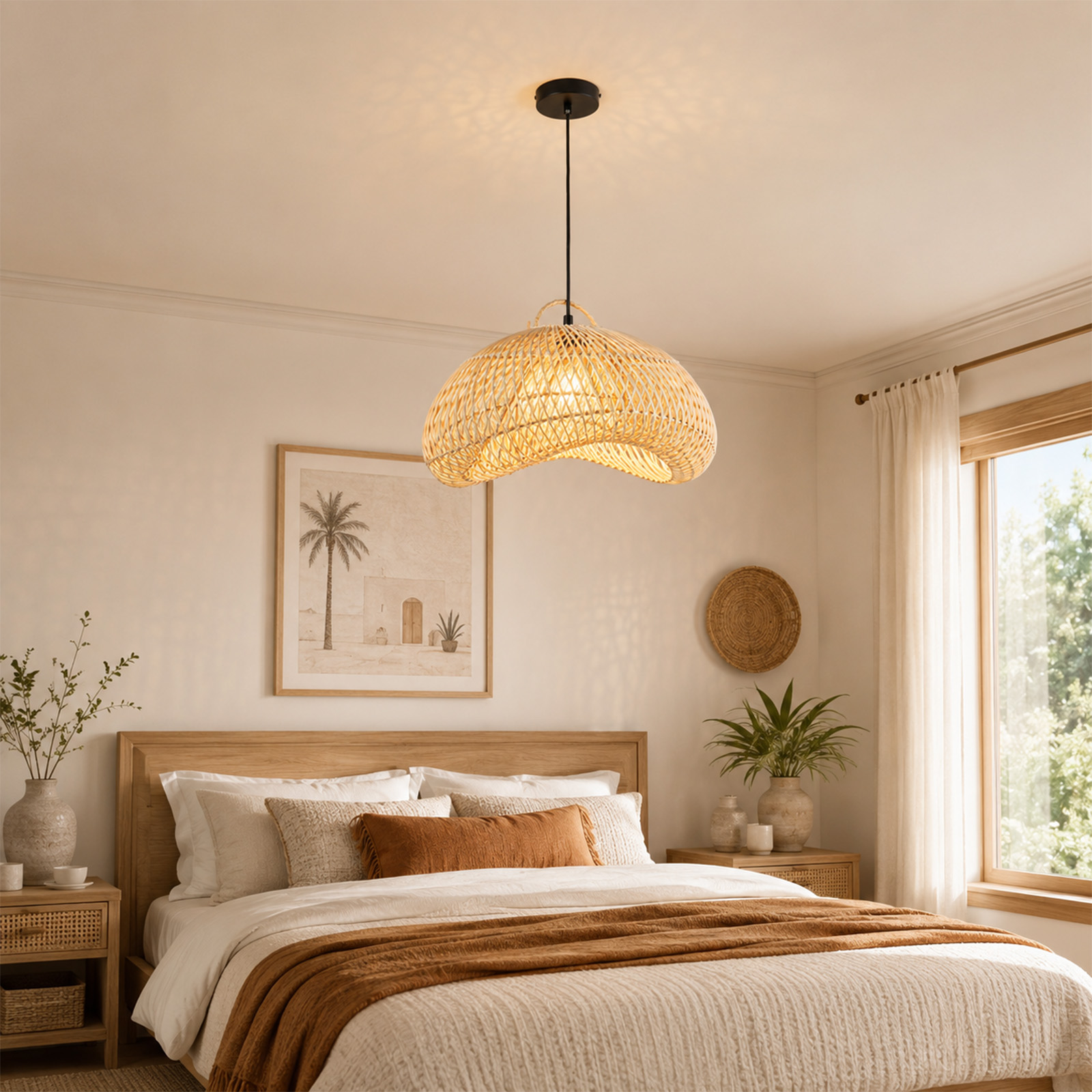Acogedor dormitorio con cama de madera, ropa de cama clara, lámpara colgante de ratán y plantas.