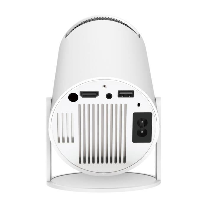Retro di un proiettore bianco con porte HDMI, USB e feritoie di ventilazione.