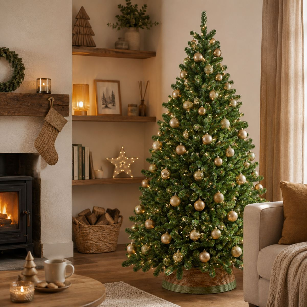 A decorated Christmas tree with gold baubles and lights stands in a cozy living room next to a fireplace.