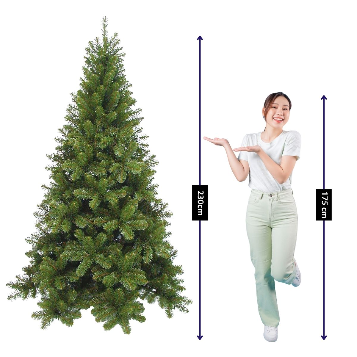 Une femme en chemise blanche montre un sapin de Noël de 230 cm à côté d'elle, sa propre taille mesurant 175 cm.