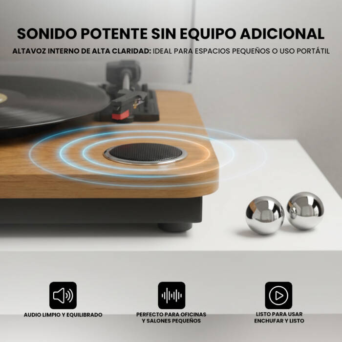 Giradischi in legno con altoparlante integrato e onde sonore.