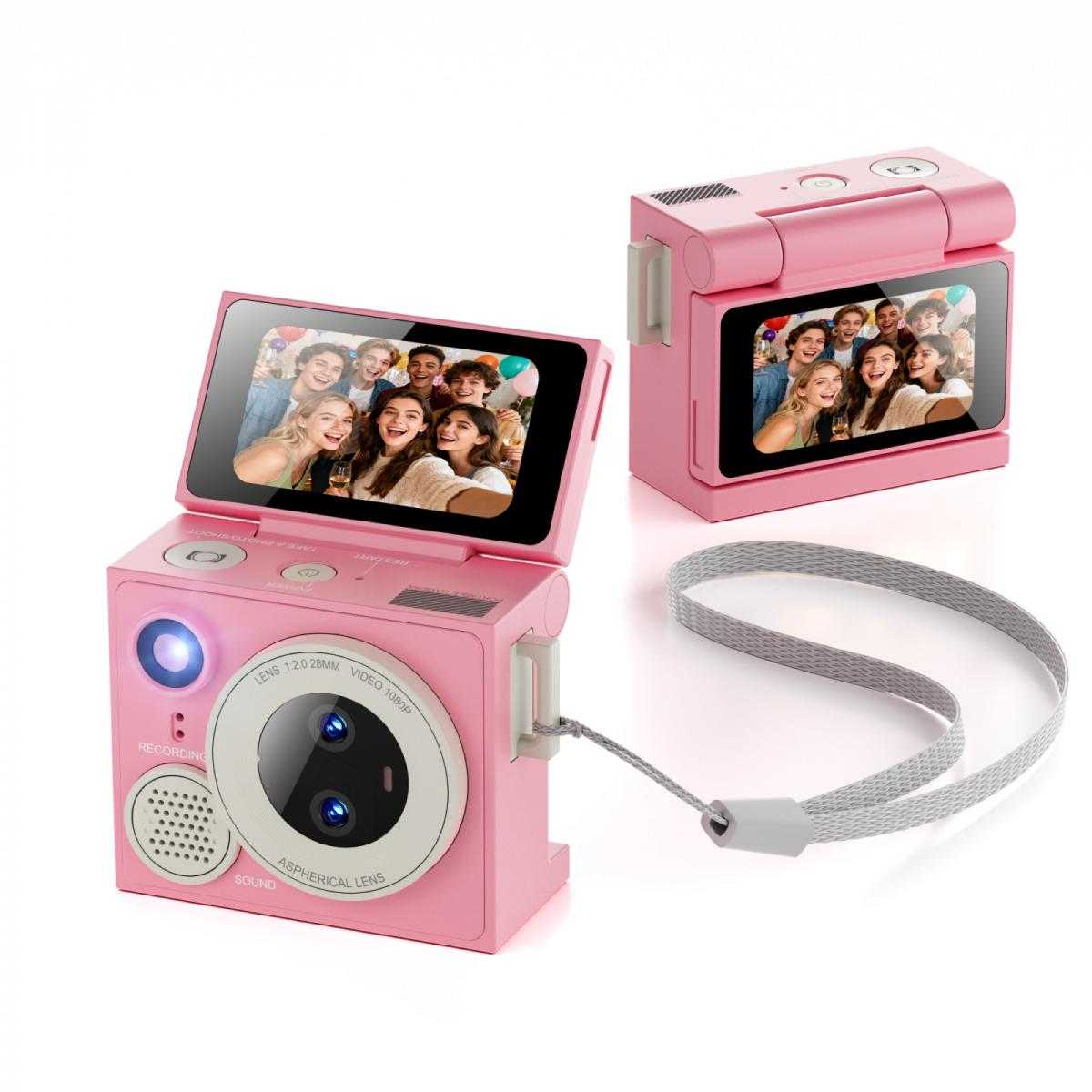 Zwei rosa Digitalkameras für Kinder mit Selfie-Bildschirmen und grauem Band vor weißem Hintergrund.