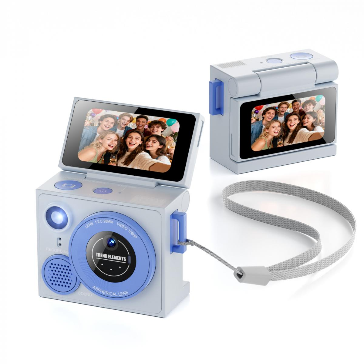 Eine graue Digitalkamera mit blauem Ring und hochklappbarem Bildschirm zeigt ein Selfie von Freunden.
