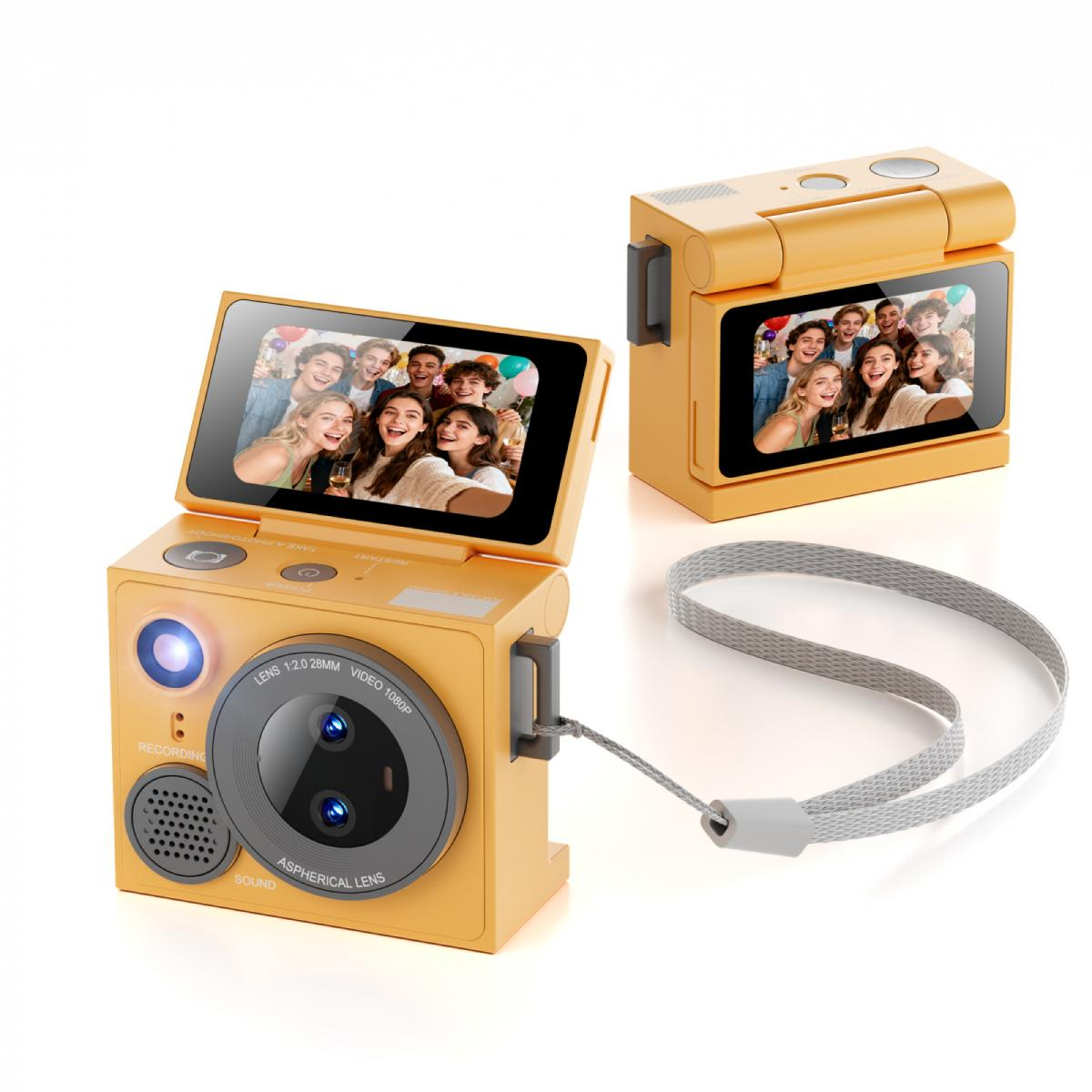 Gelbe Digitalkamera mit Flip-Display, das eine Gruppe lächelnder Menschen zeigt, und einer grauen Trageschlaufe.
