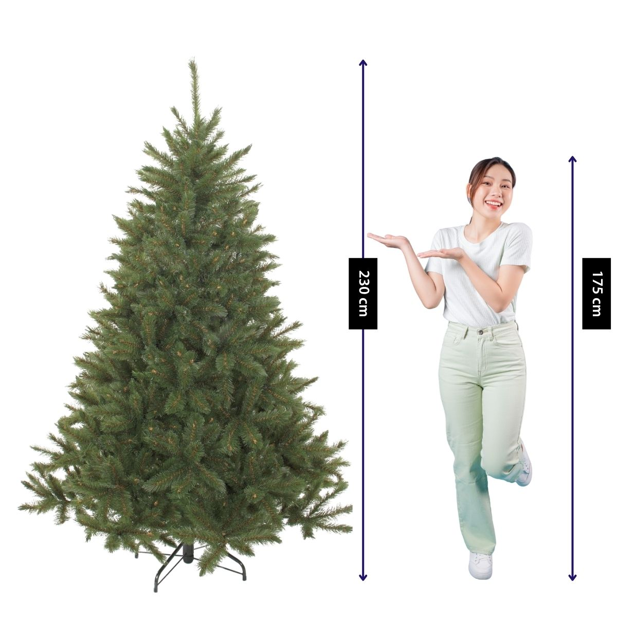 A woman poses next to an artificial Christmas tree, with height markers of 230 cm and 175 cm against a white background.