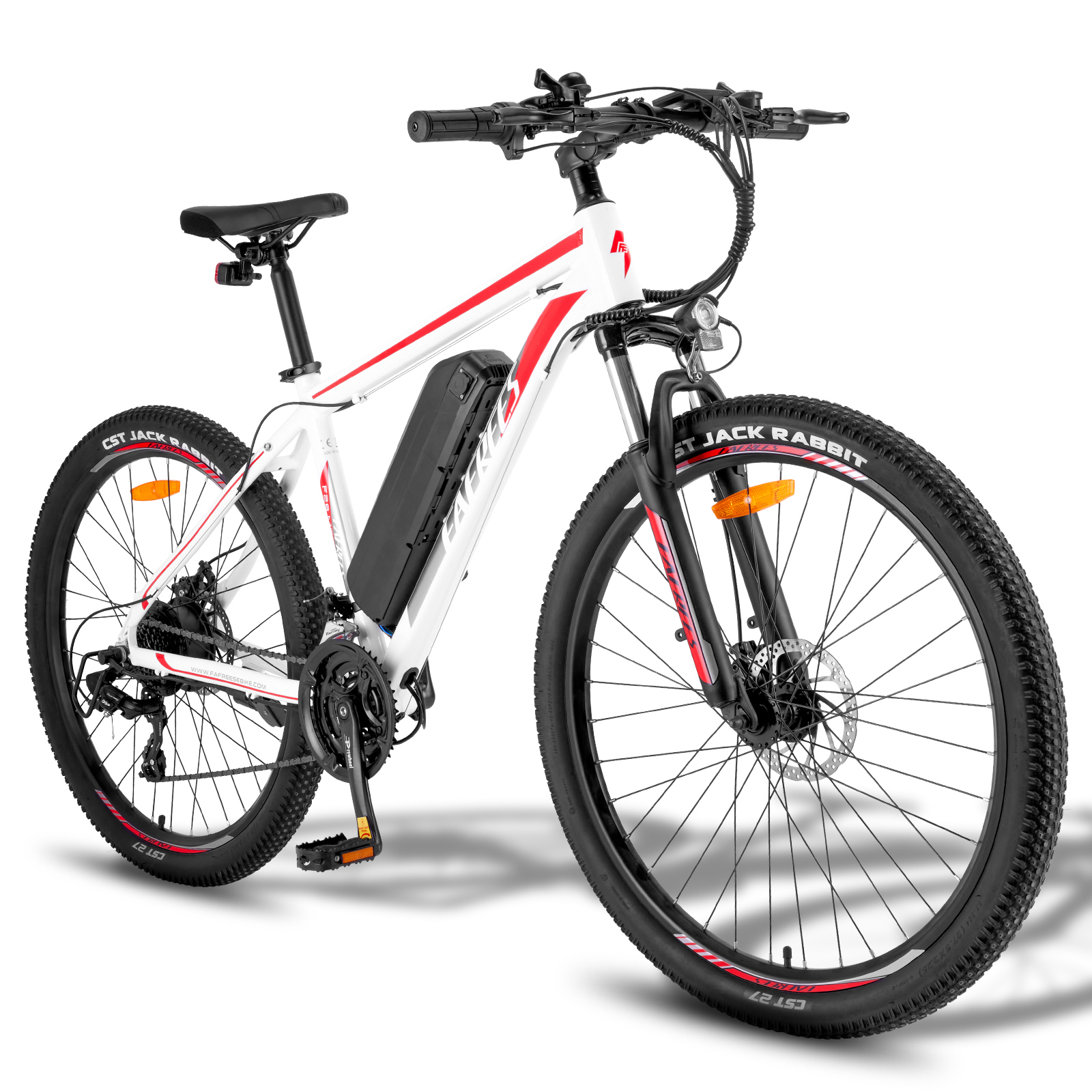 Una bicicleta eléctrica blanca con detalles rojos y batería adjunta sobre fondo blanco.