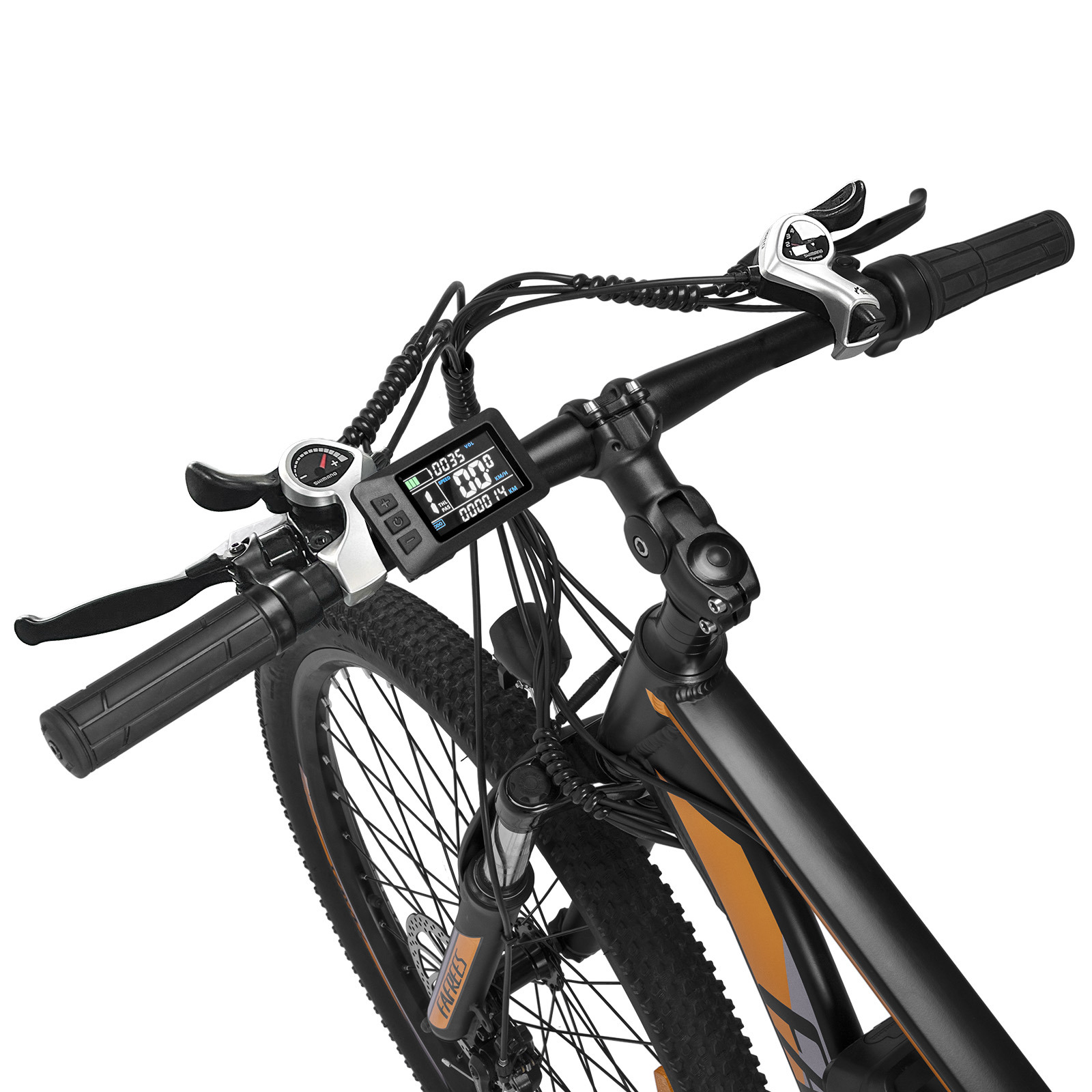 Primer plano del manillar de una bicicleta de montaña eléctrica negra, mostrando la pantalla LCD, las palancas y los cables.