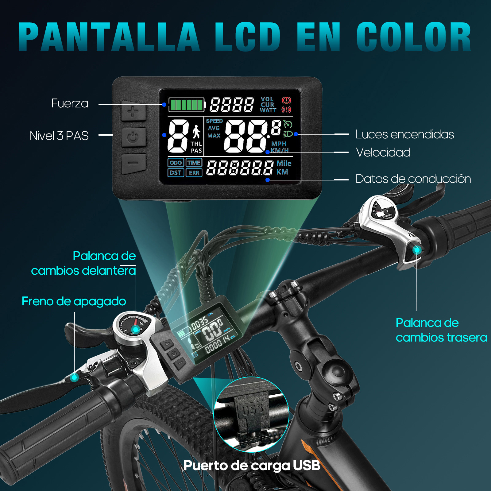 Manillar de bicicleta eléctrica con pantalla LCD a color, puerto USB y controles etiquetados.