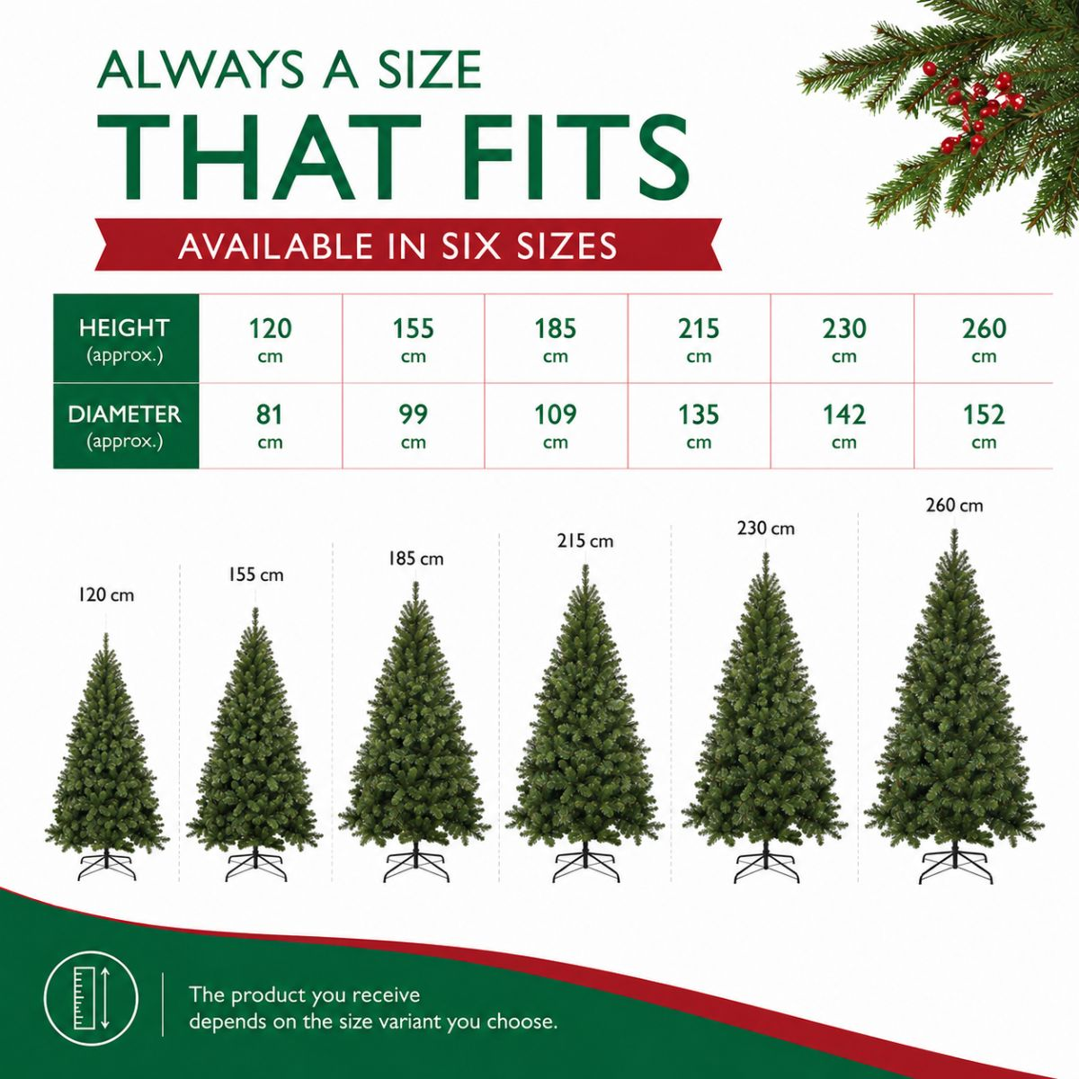 Een maattabel toont zes verschillende kerstboomformaten van 120 cm tot 260 cm met bijbehorende diameters.