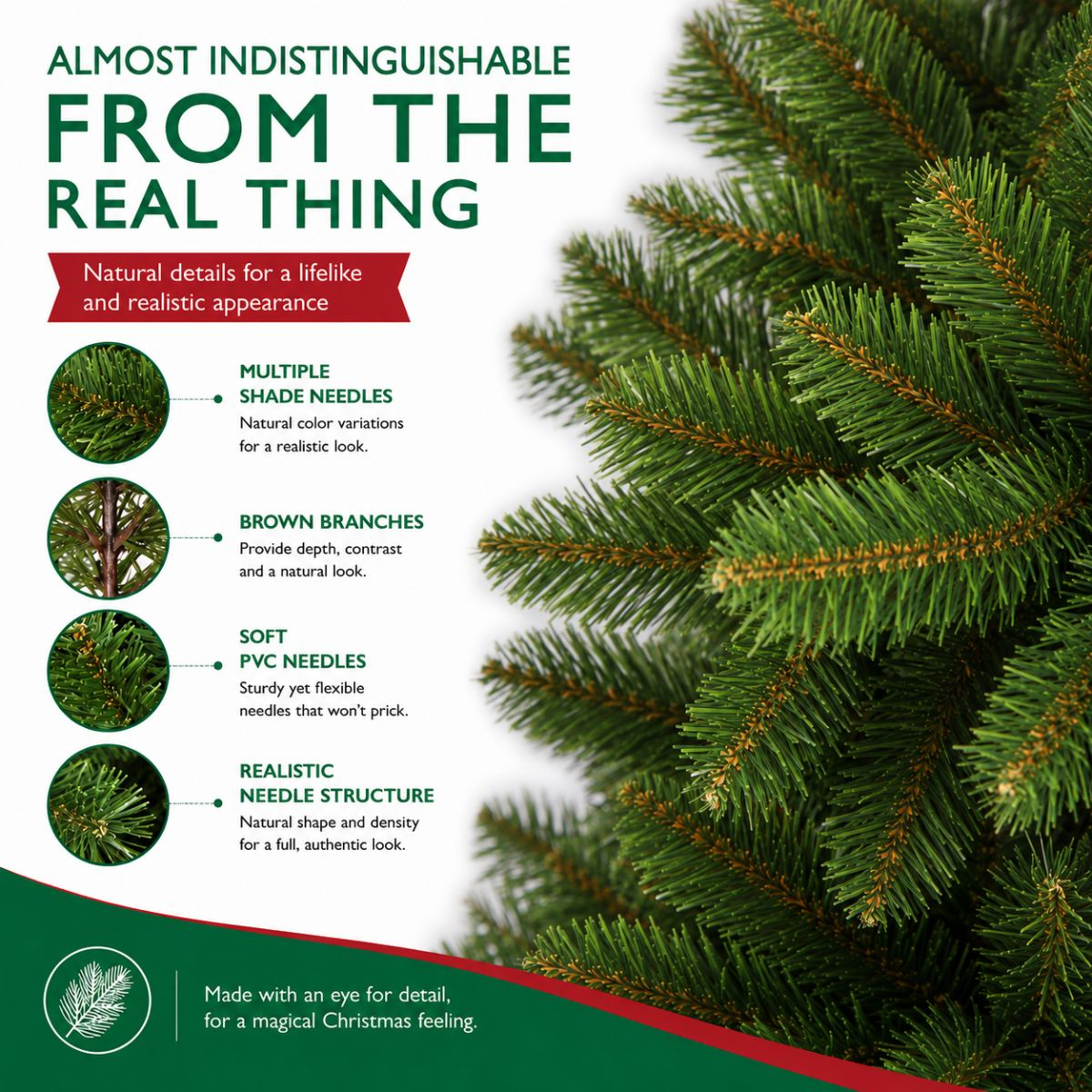 Close-up van kunstkerstboomtakken met groene naalden en bruine takken, voorzien van tekst en infografica.