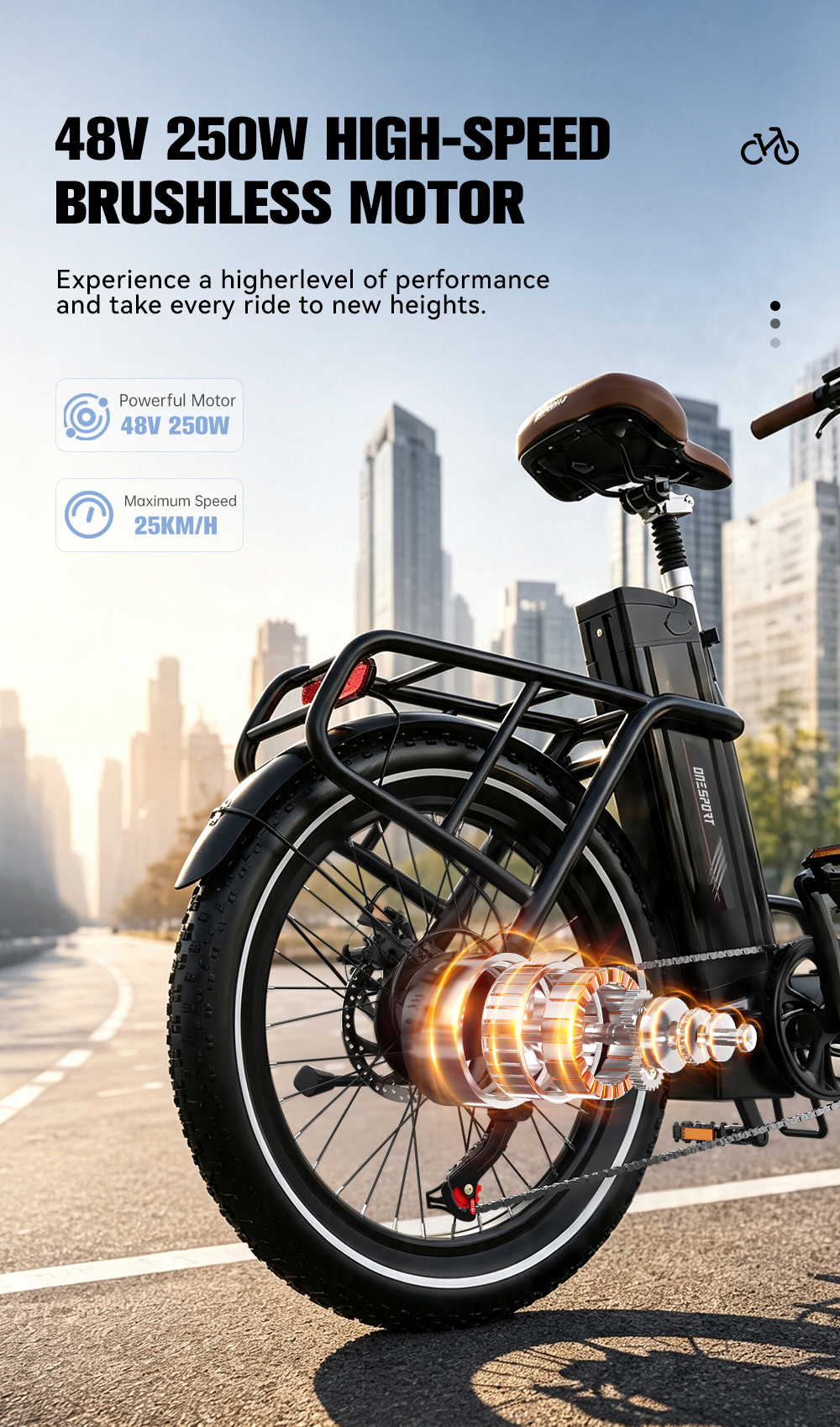 Bicicleta eléctrica con motor de 48V y 250W en una carretera frente a una ciudad.
