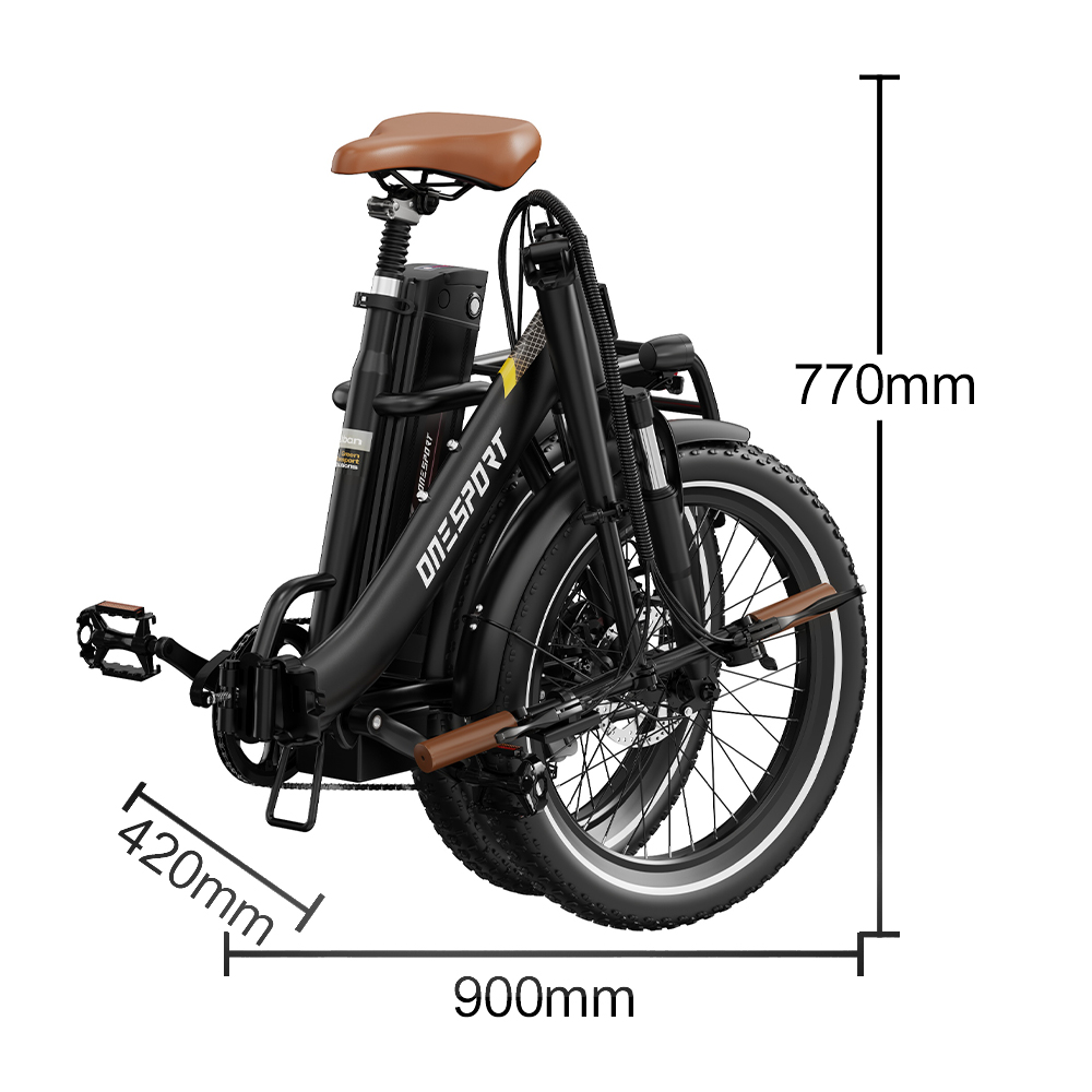 Una bicicleta eléctrica negra plegada con sillín marrón y marcas de dimensiones de 900x770x420mm.