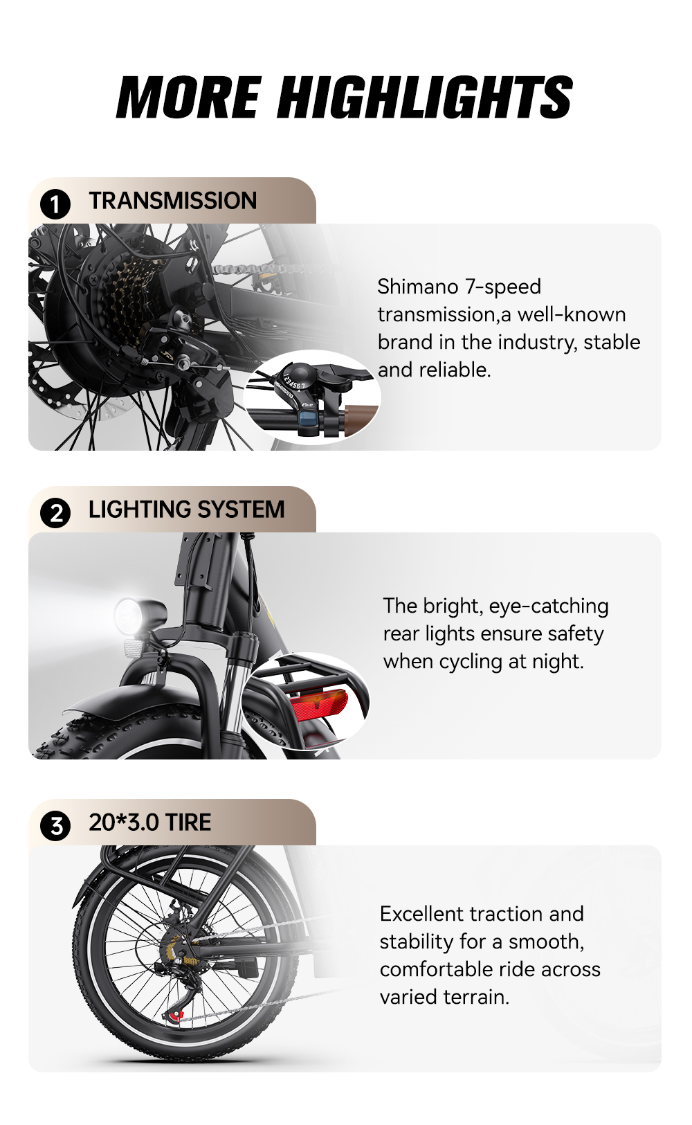 Características de la e-bike: transmisión Shimano de 7 velocidades, luces brillantes y neumáticos anchos.