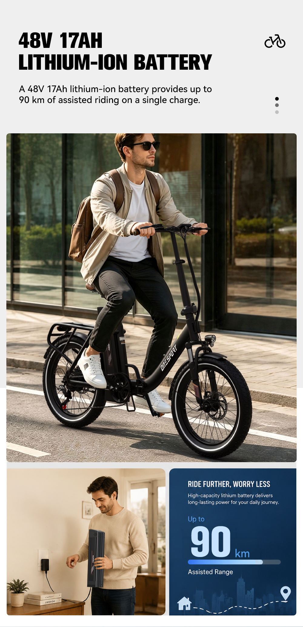 Un hombre monta en una e-bike negra, carga una batería y ve un gráfico de 90 km de autonomía.