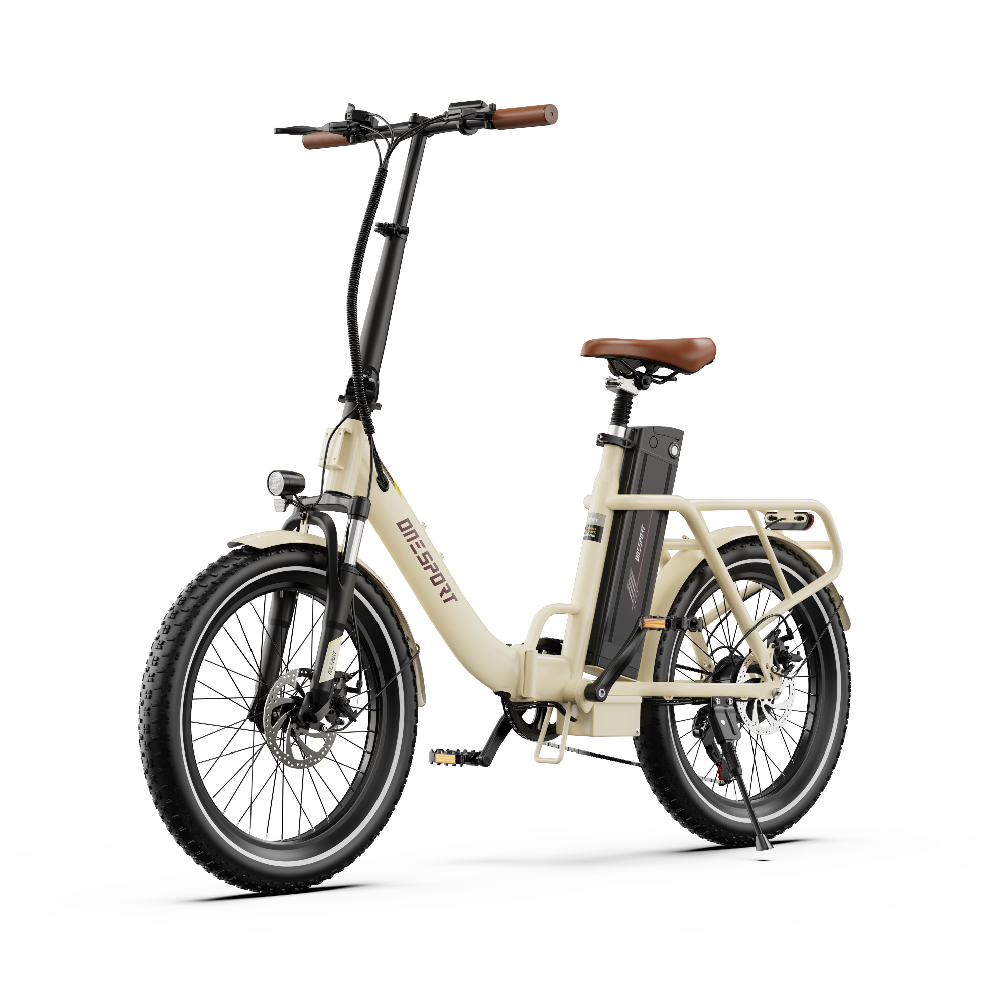 Bicicleta eléctrica plegable de color beige con neumáticos gruesos y sillín marrón sobre fondo blanco.