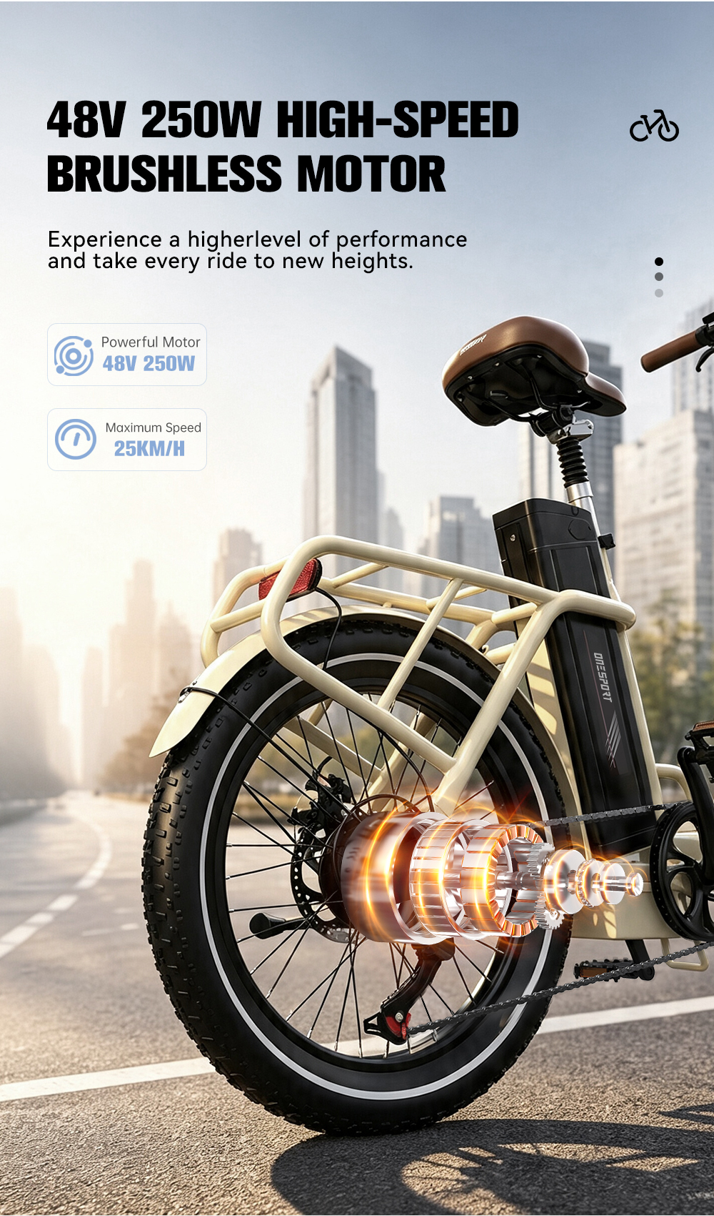 Imagen promocional de una bicicleta eléctrica en una carretera con enfoque en el motor.