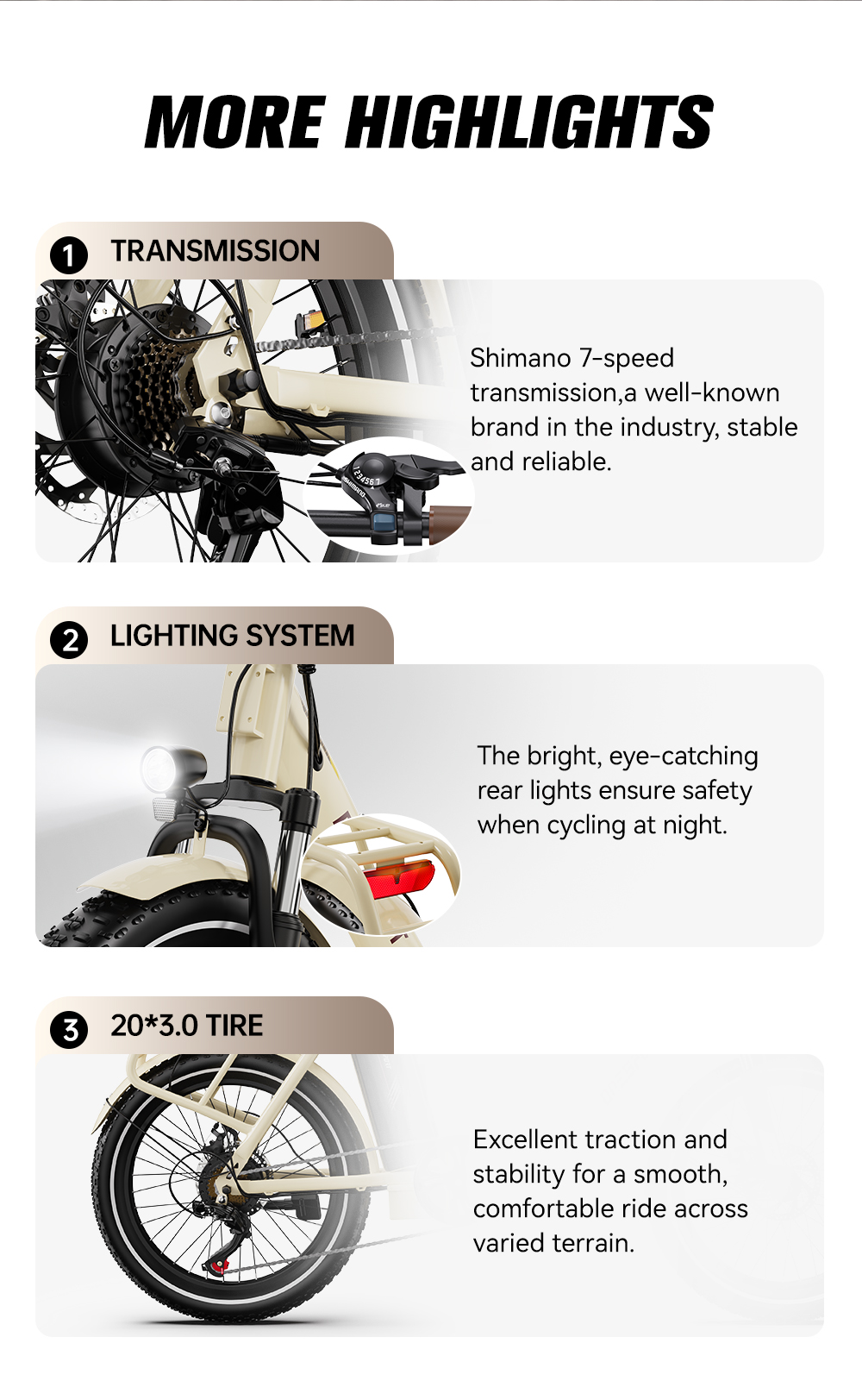 Infografía con características de la e-bike: transmisión Shimano de 7 velocidades, luces y neumáticos 20x3.0.