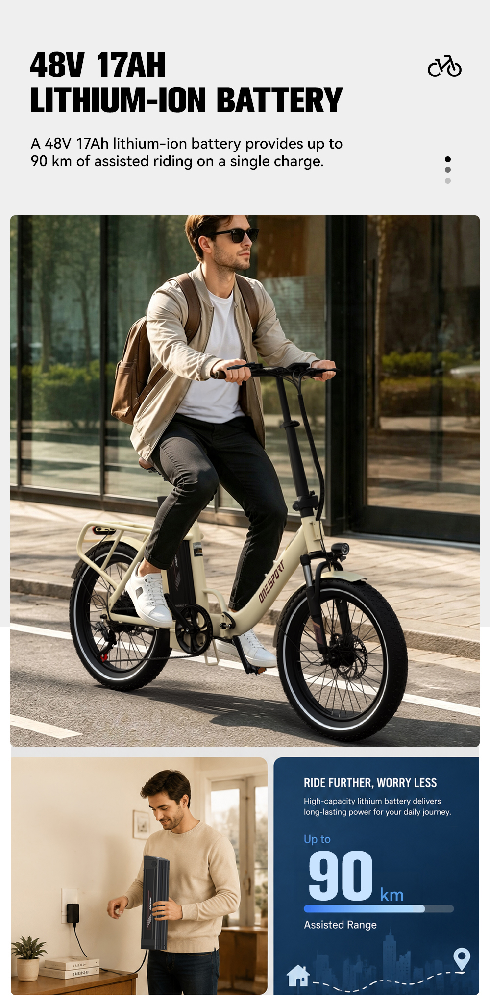 Un hombre monta una e-bike beige, carga una batería y ve una infografía de 90 km de autonomía.