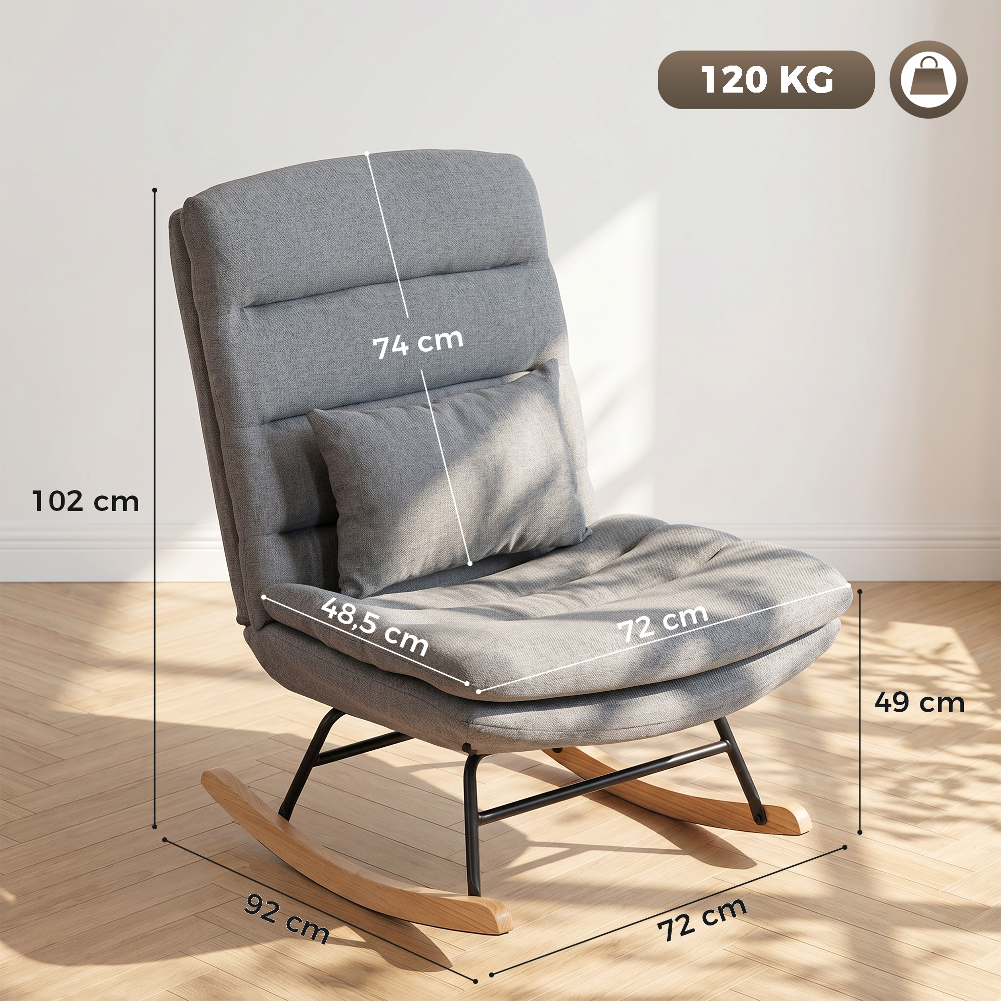 Mecedora gris con cojín y patas de madera, con medidas ante pared blanca.