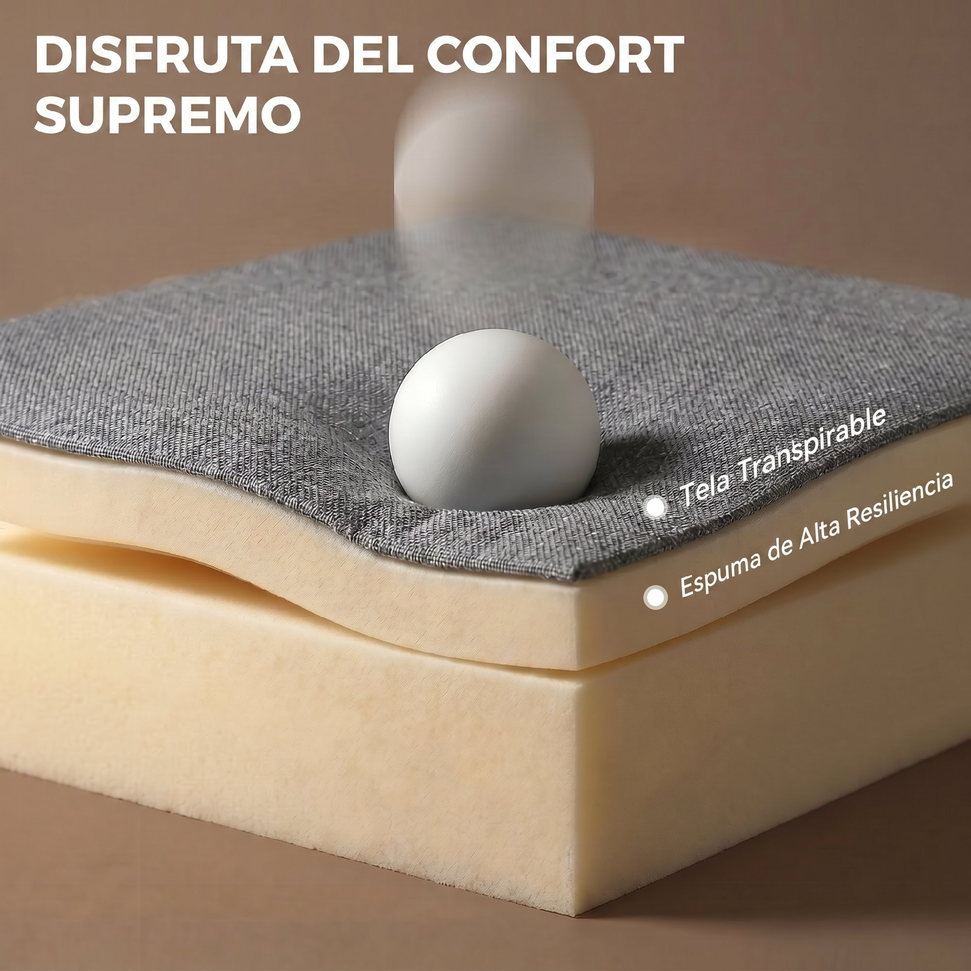 Una esfera blanca rebota sobre una tela gris y una capa de espuma amarilla.