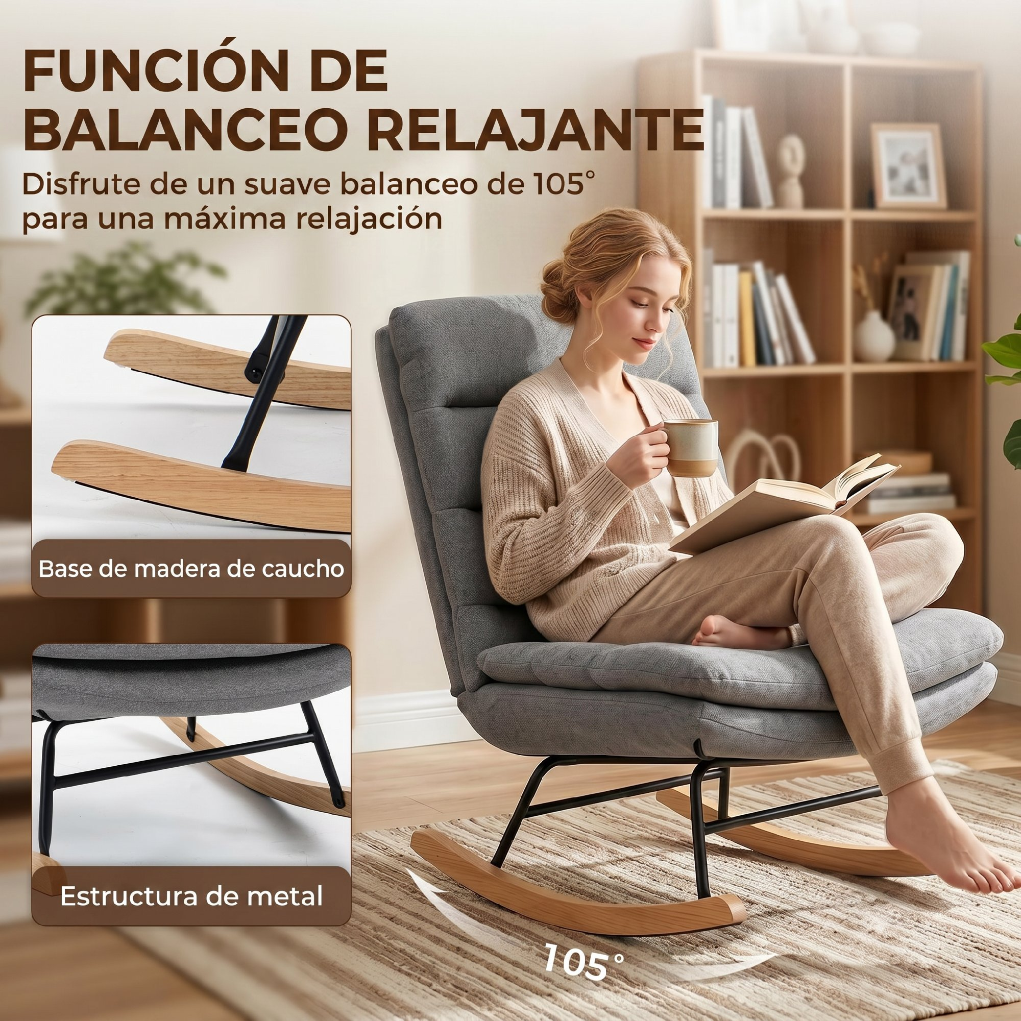 Una mujer rubia lee un libro y bebe de una taza en una mecedora gris con madera y metal.