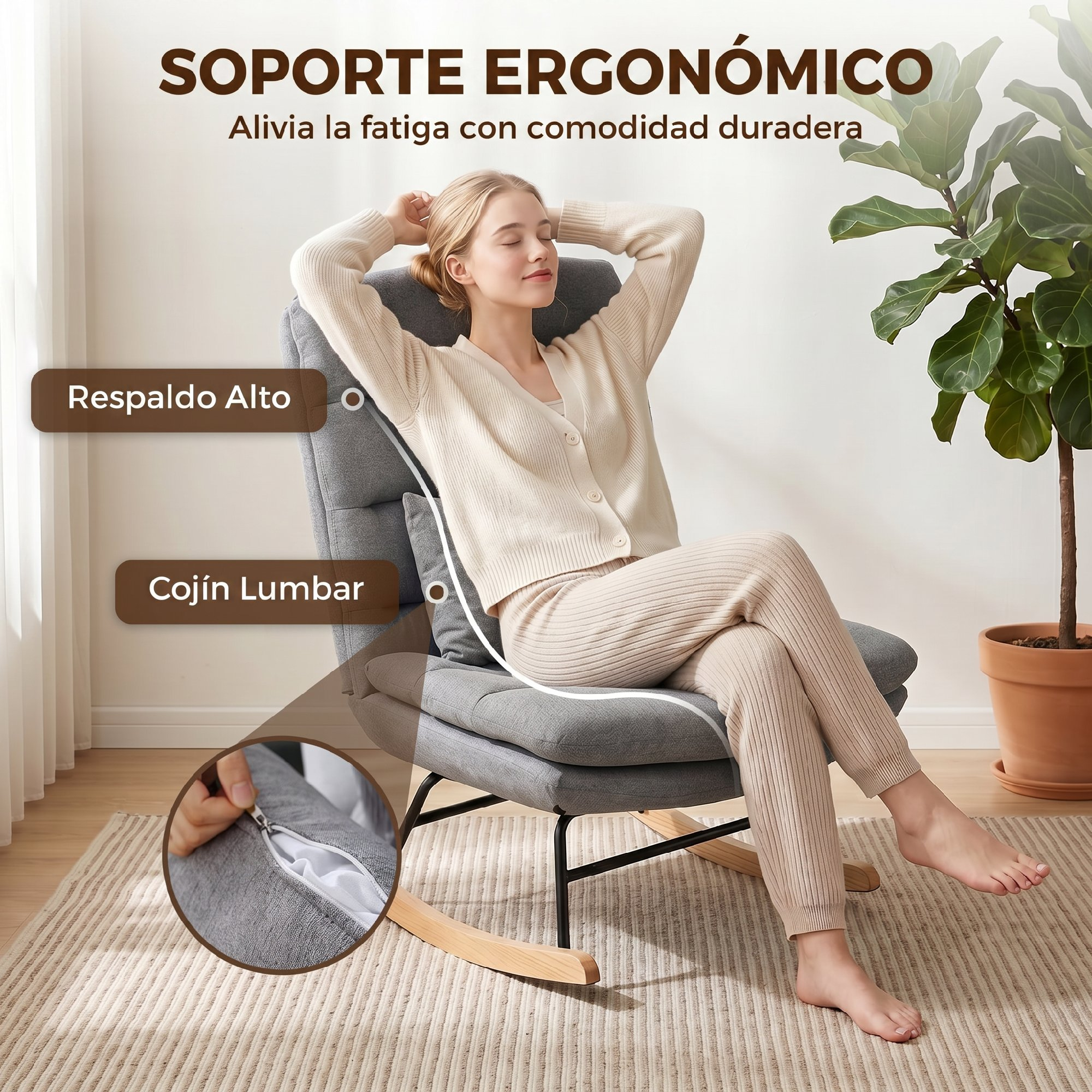 Una mujer se relaja en una mecedora gris destacando funciones ergonómicas junto a una planta.