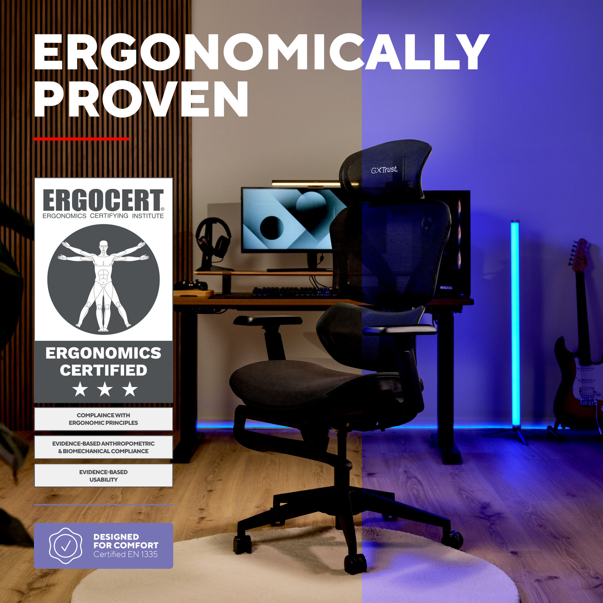 Sedia da ufficio nera ergonomica in una stanza moderna con computer e chitarra.