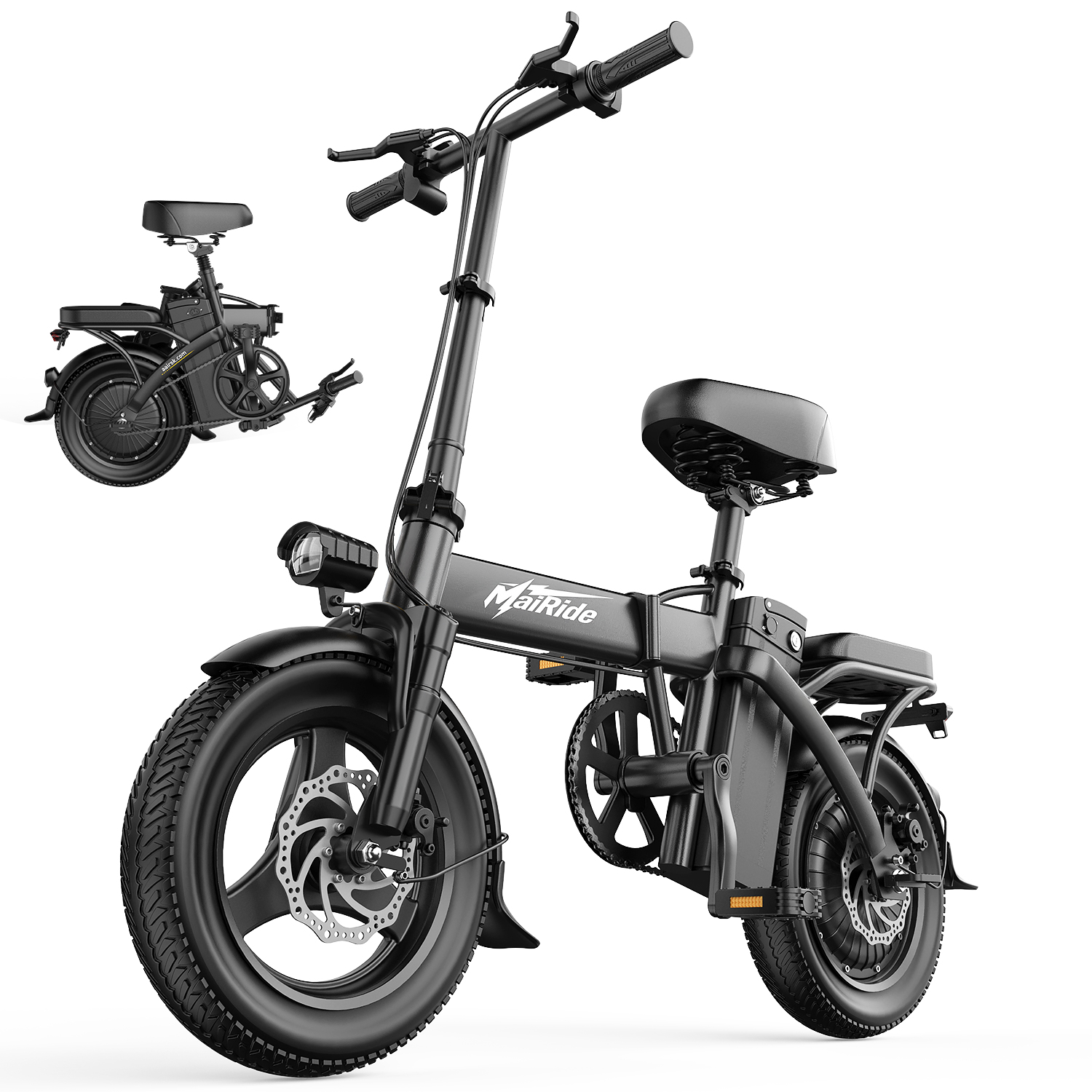 Ein schwarzes elektrisches Klapprad mit dicken Reifen auf weißem Hintergrund, im Hintergrund ist es zusammengeklappt.