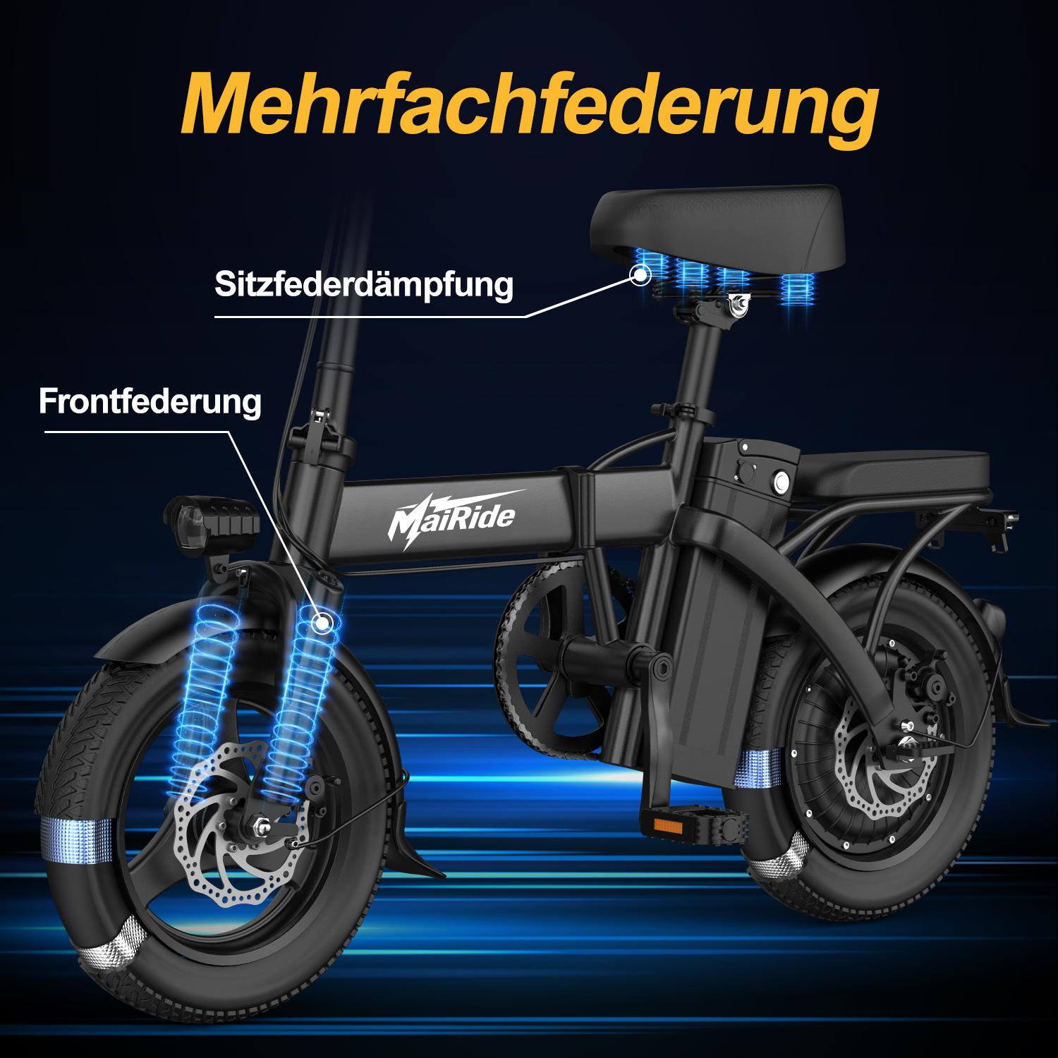 Schwarzes E-Bike mit Mehrfachfederung an Gabel und Sattel sowie blauen Grafikakzenten auf dunklem Hintergrund.