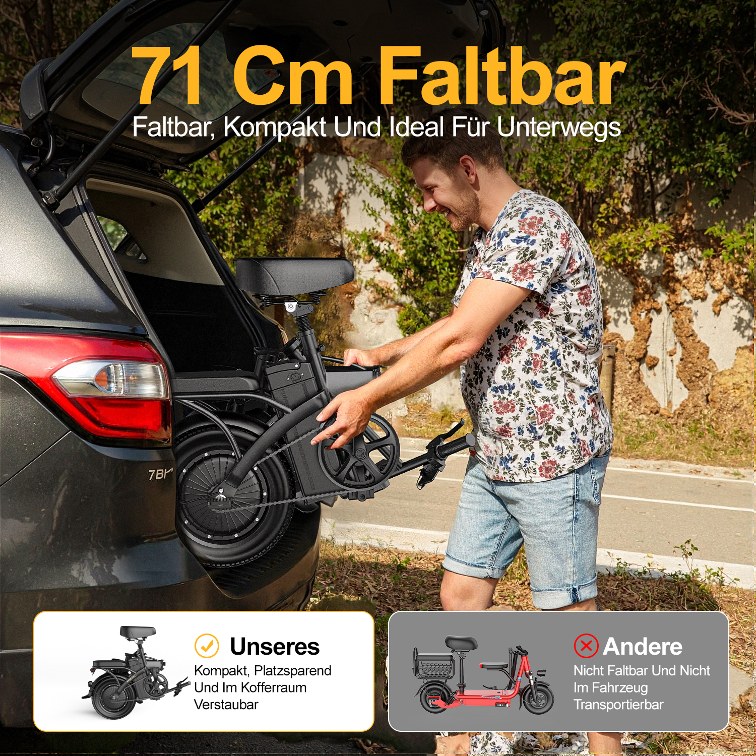 Ein Mann lädt ein kompaktes, faltbares schwarzes Elektrofahrrad in den Kofferraum seines Autos.