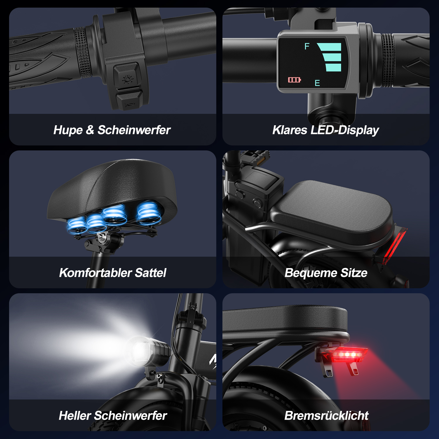 Sechs Felder zeigen E-Scooter-Funktionen wie Tasten, LED-Display, Sattel, Sitz, Scheinwerfer und Rücklicht.