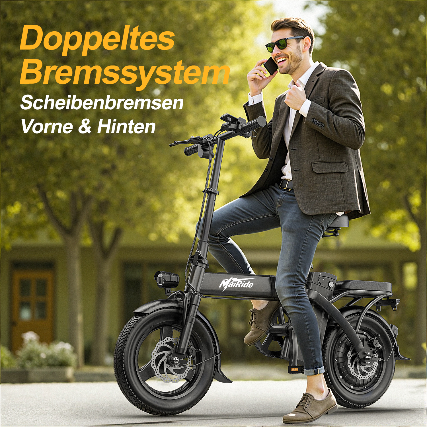 Ein lächelnder Mann im Anzug fährt draußen ein schwarzes MiiRide-E-Bike und telefoniert.