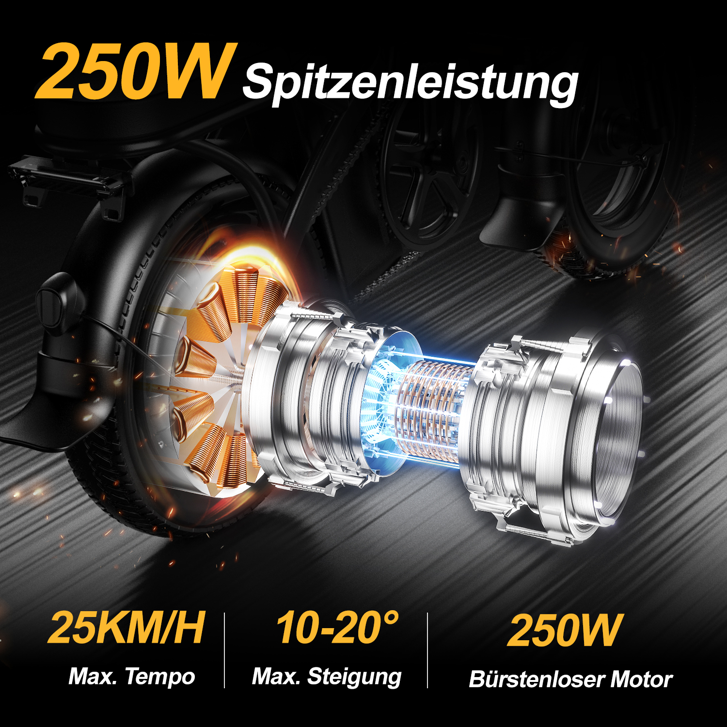 Explosionszeichnung eines bürstenlosen 250W-Motors eines E-Bikes mit Leistungsdaten.