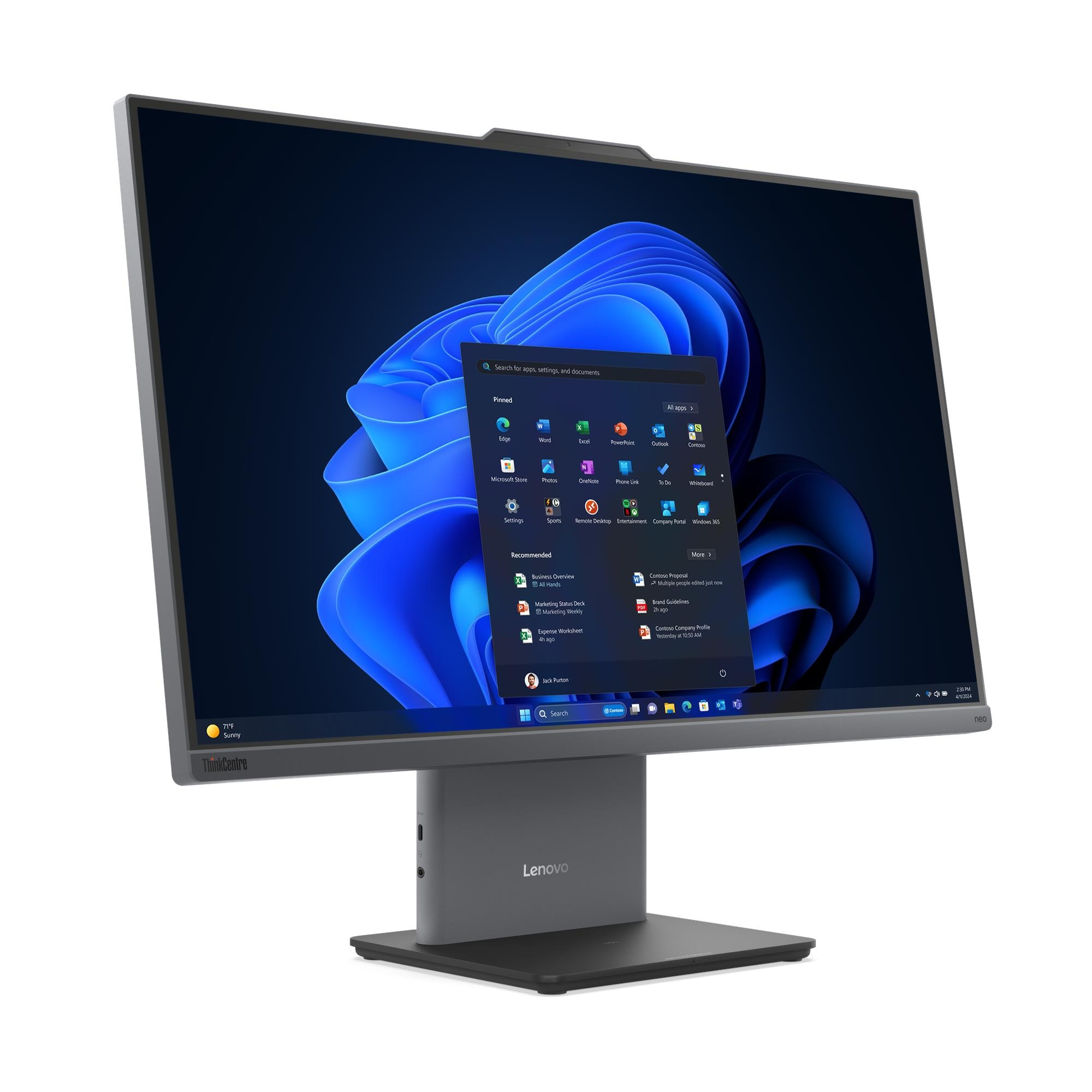 Un computer ThinkCentre con cornice nera, sfondo blu astratto e menu Start aperto.